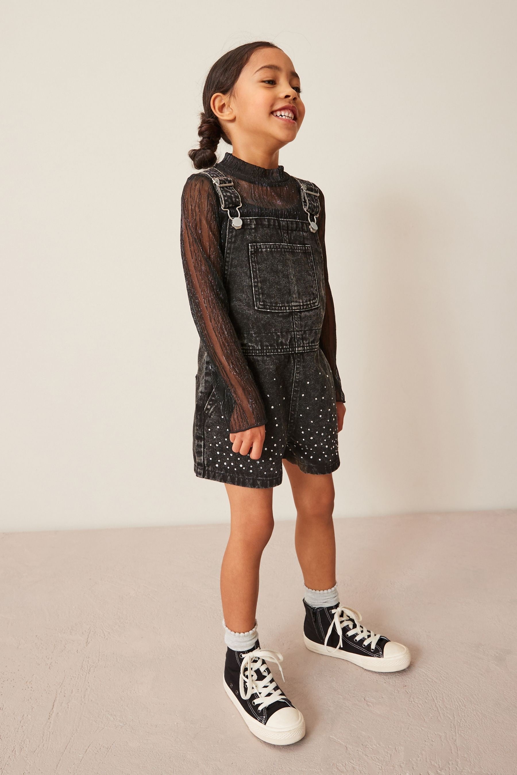 Charcoal Grey Diamante Dungaree (3-16yrs)