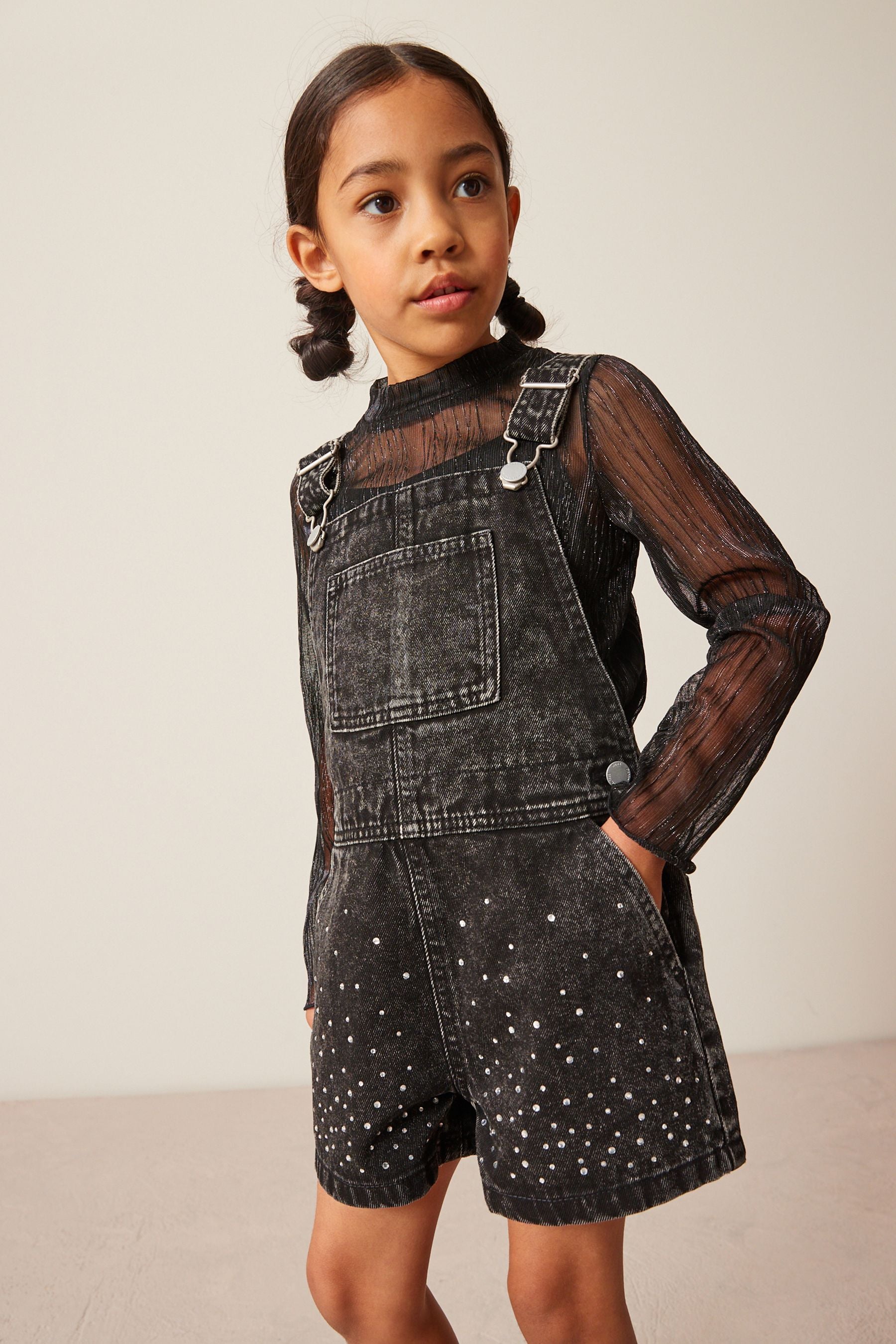 Charcoal Grey Diamante Dungaree (3-16yrs)