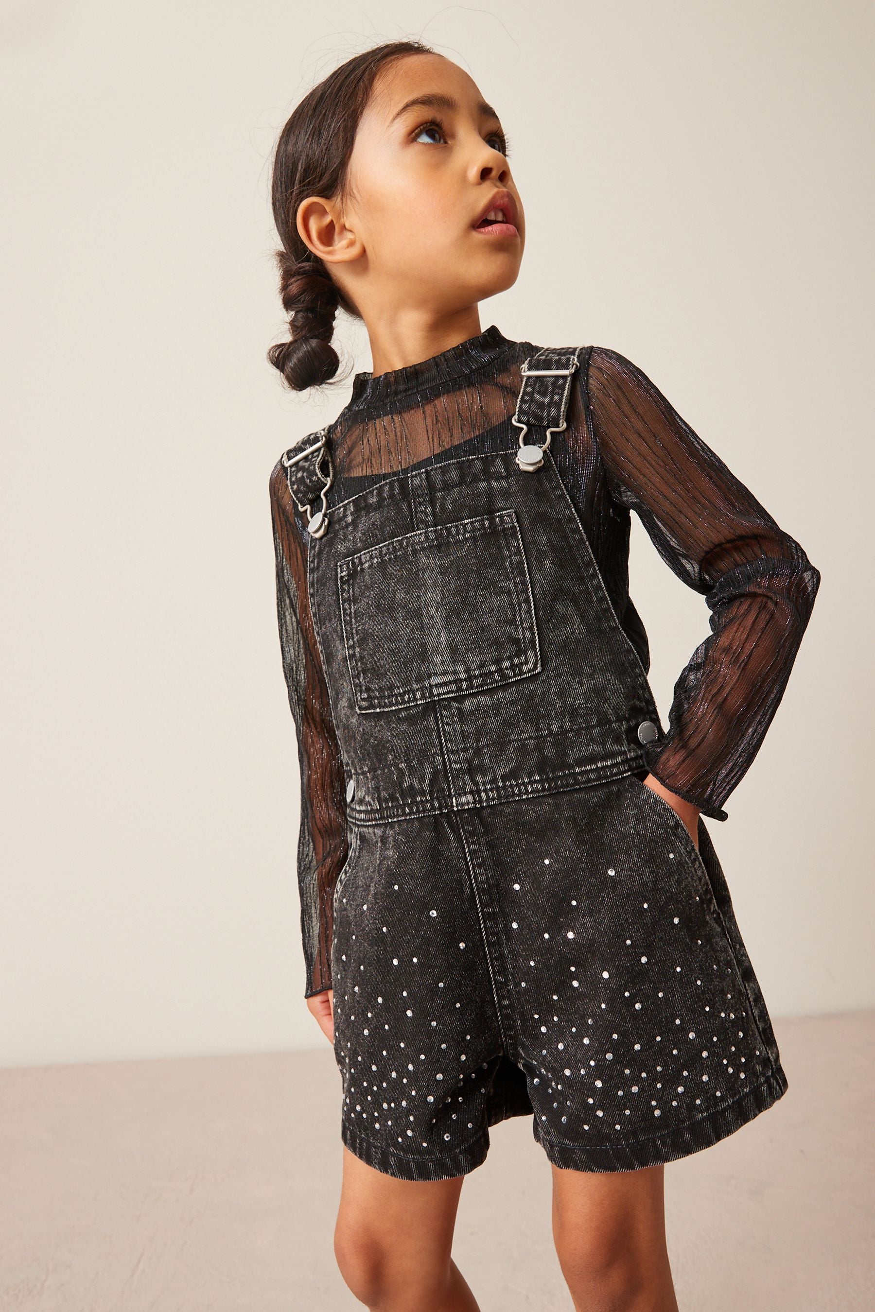 Charcoal Grey Diamante Dungaree (3-16yrs)