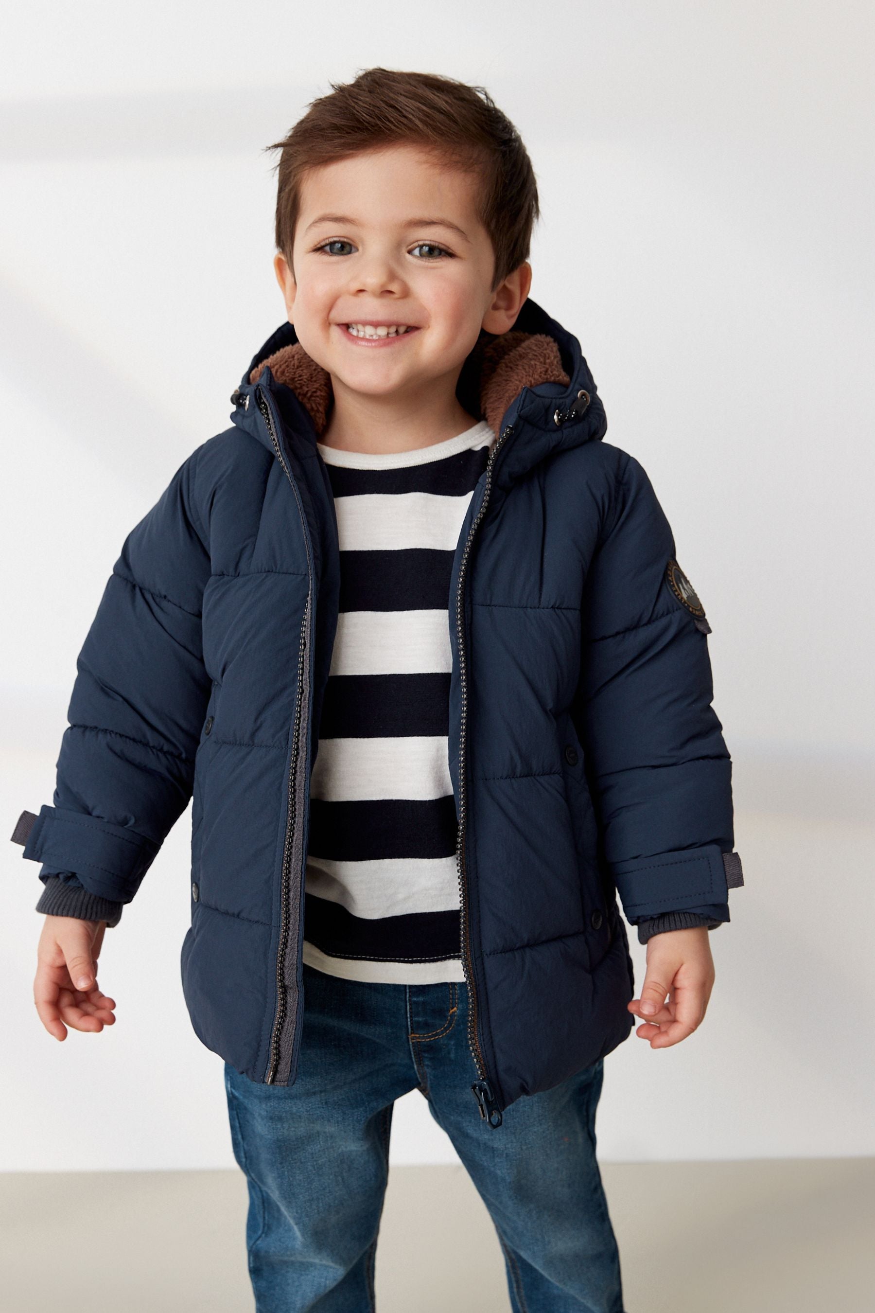 Navy Blue Borg Teddy Lined Padded Coat (3mths-7yrs)