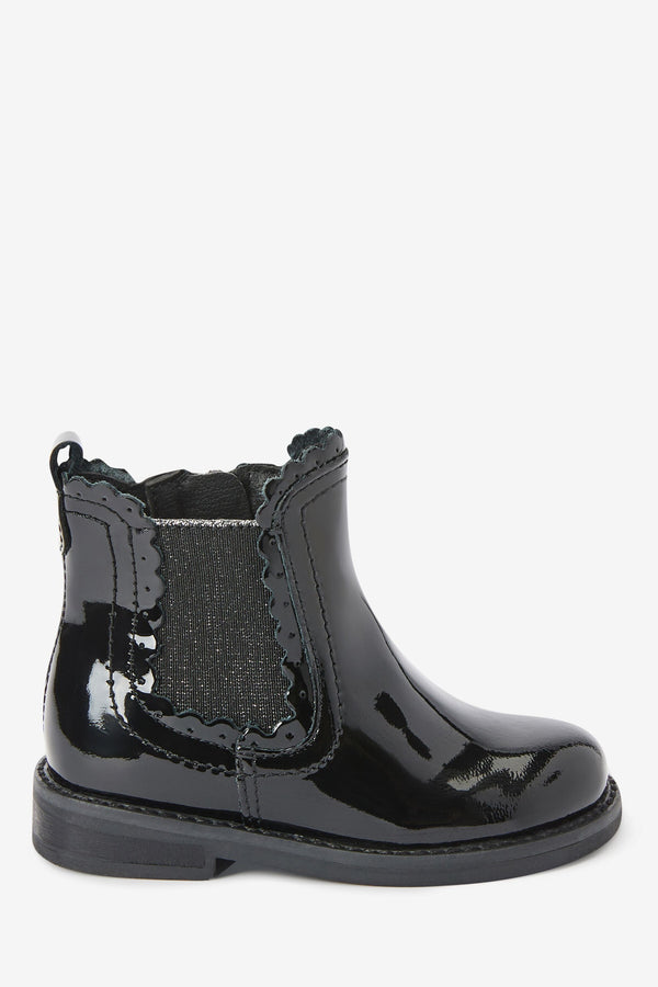 Black Patent Leather Little Luxe Scallop Chelsea Boots