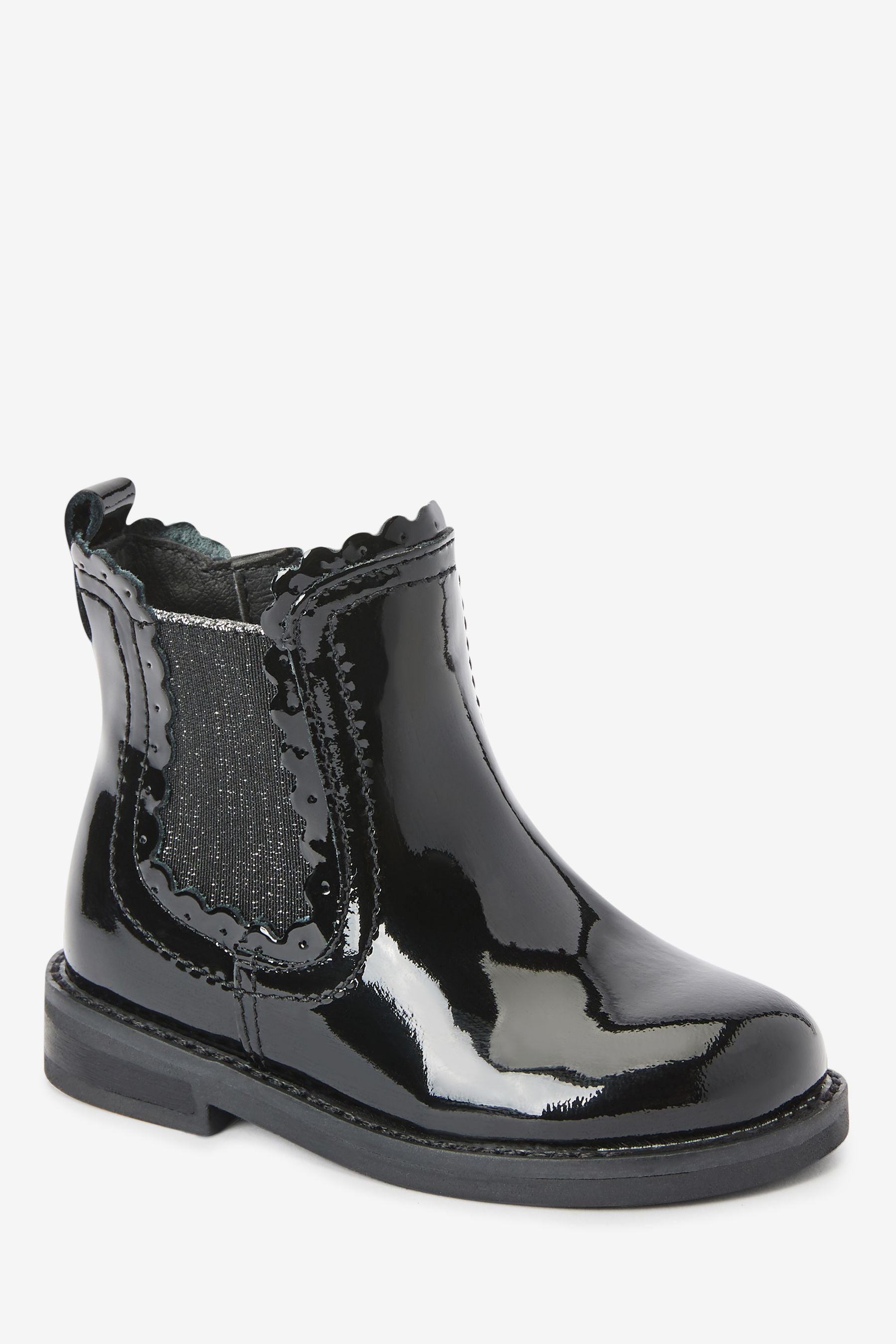 Black Patent Leather Little Luxe Scallop Chelsea Boots