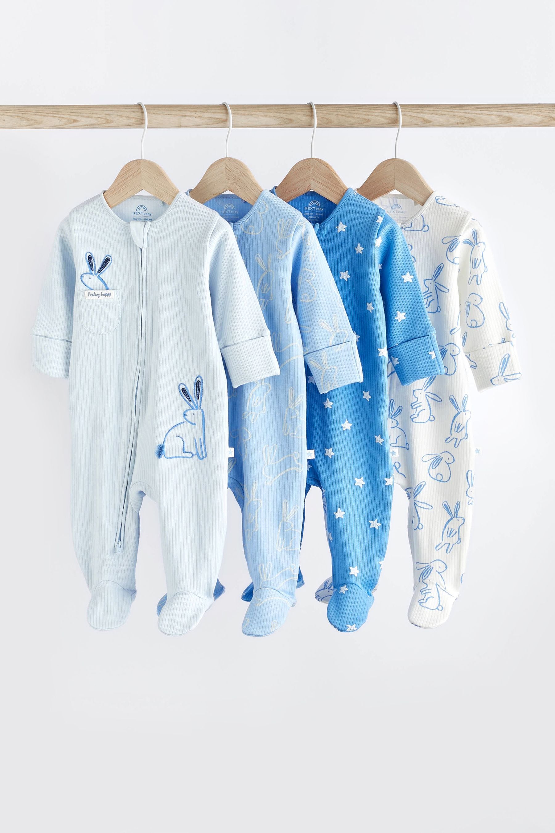 Blue Bunny Baby Zipped Sleepsuit 4 Pack (0mths-2yrs)