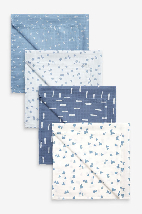 Blue Mini Print Baby 4 Pack Muslin Squares