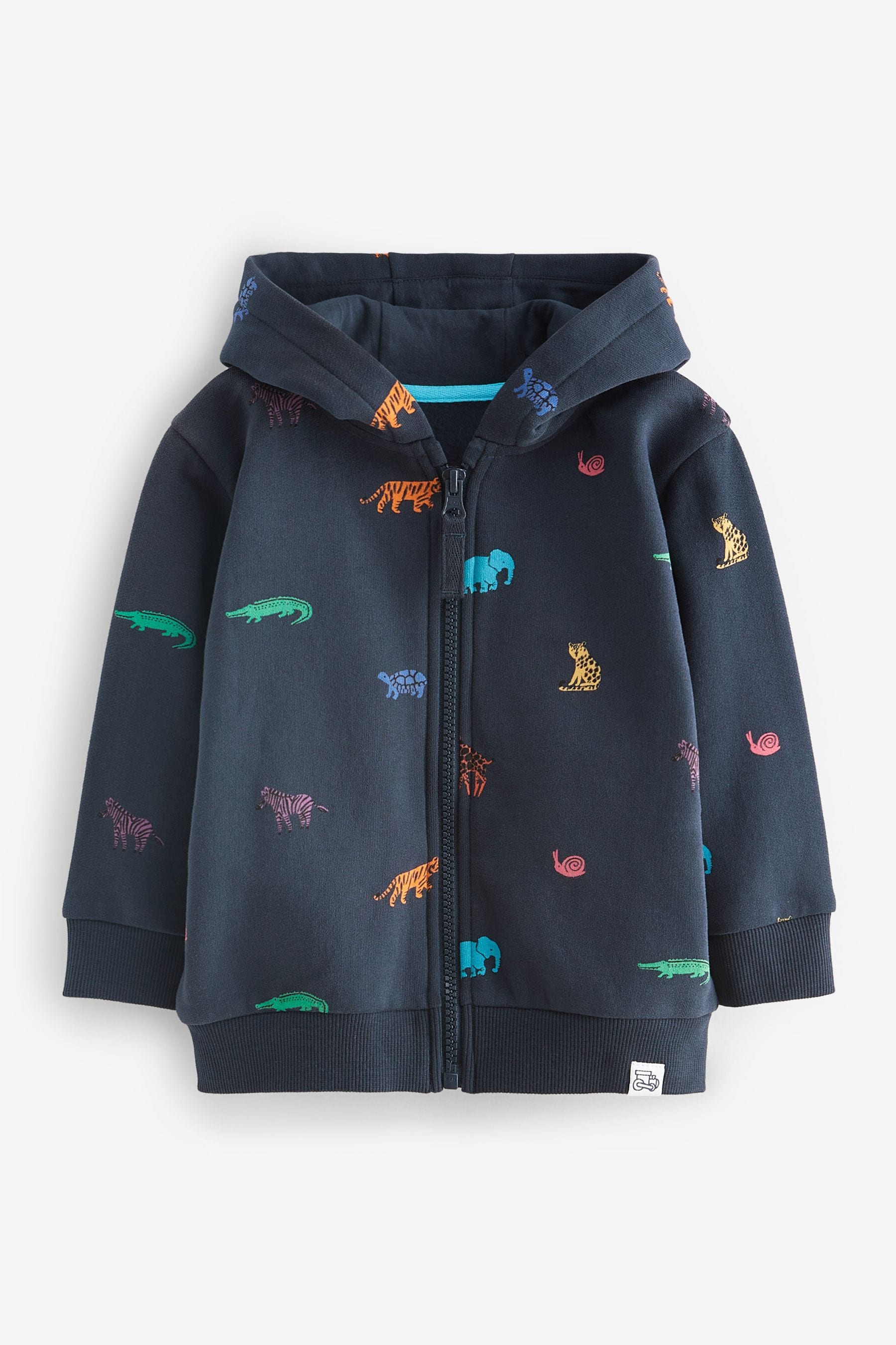 Navy Blue Safari Animals All Over Print Jersey Zip Through Hoodie (3mths-7yrs)