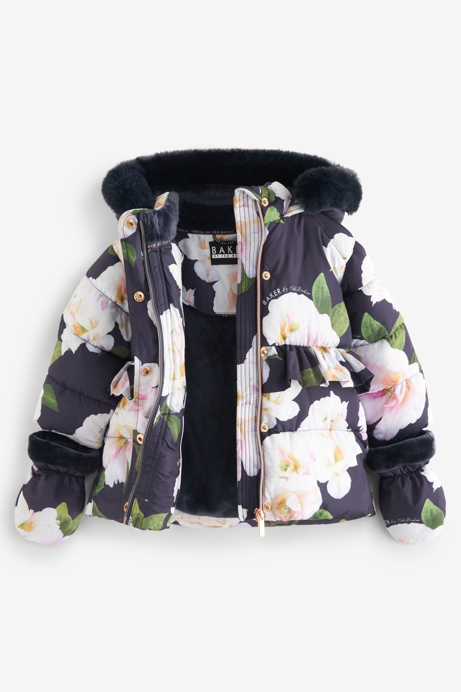 Navy Baker by Ted Baker Shower Resistant Navy Floral Coat With Mittens