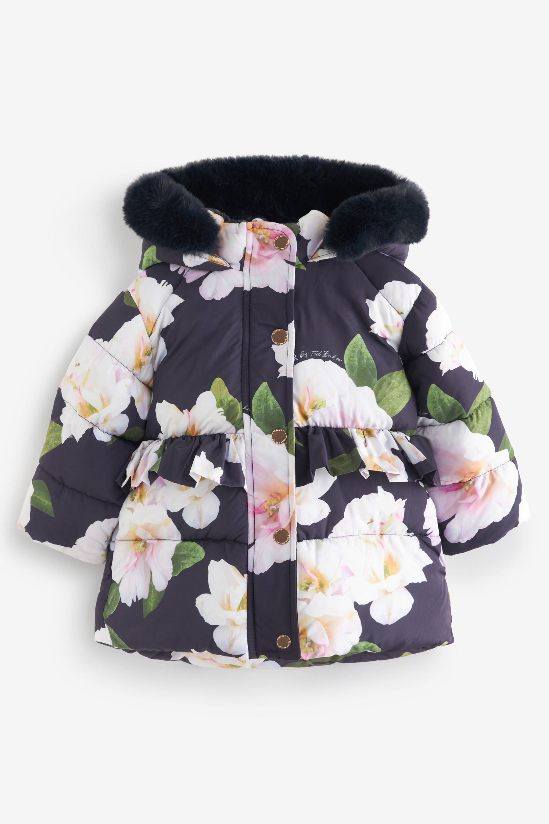 Navy Baker by Ted Baker Shower Resistant Navy Floral Coat With Mittens