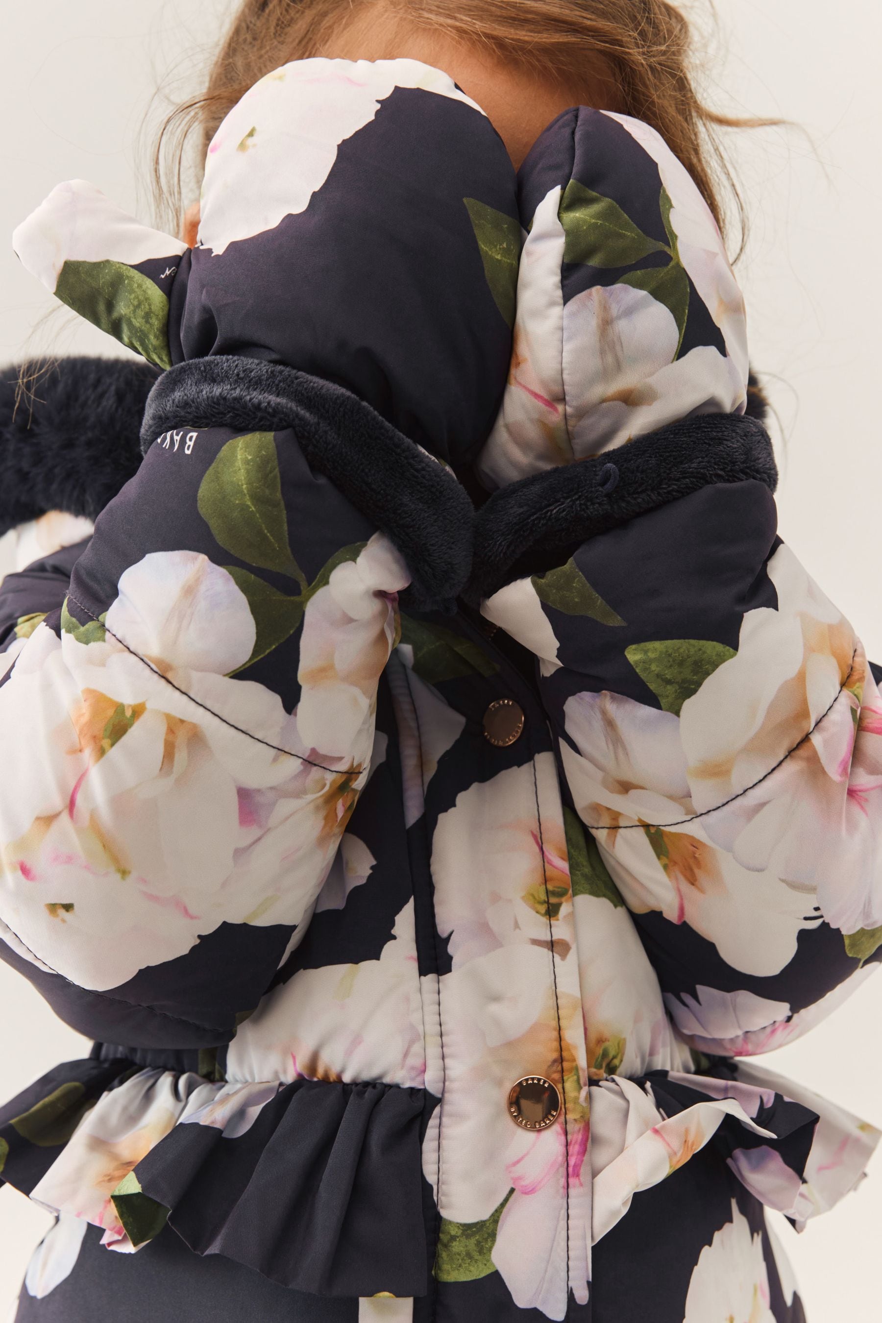 Navy Baker by Ted Baker Shower Resistant Navy Floral Coat With Mittens