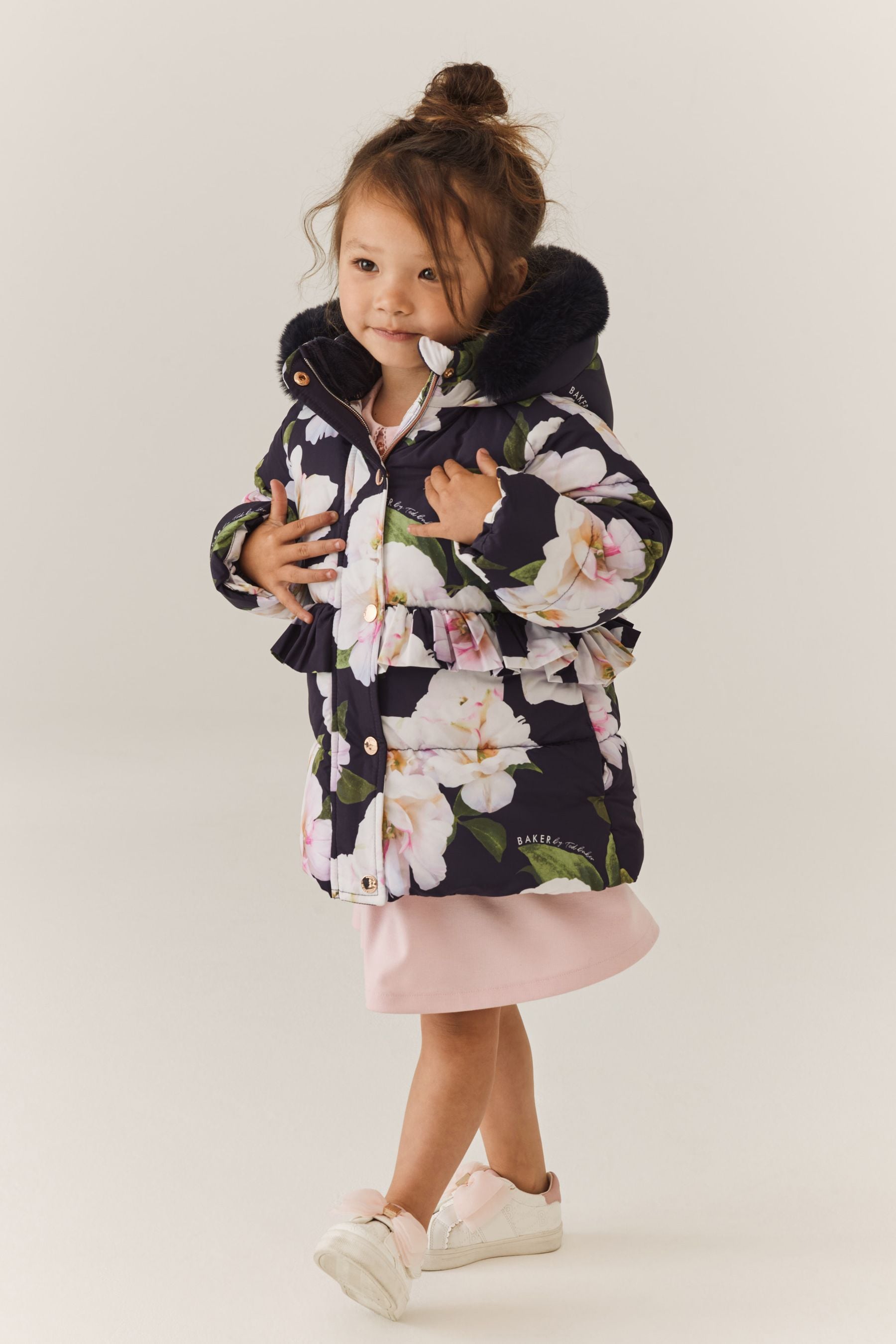 Navy Baker by Ted Baker Shower Resistant Navy Floral Coat With Mittens