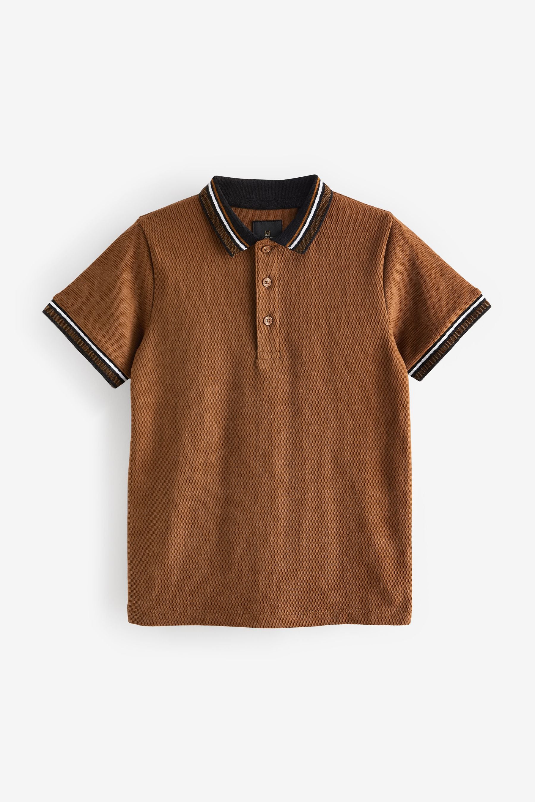 Tan Brown Jacquard Short Sleeve Polo Shirt (3-16yrs)