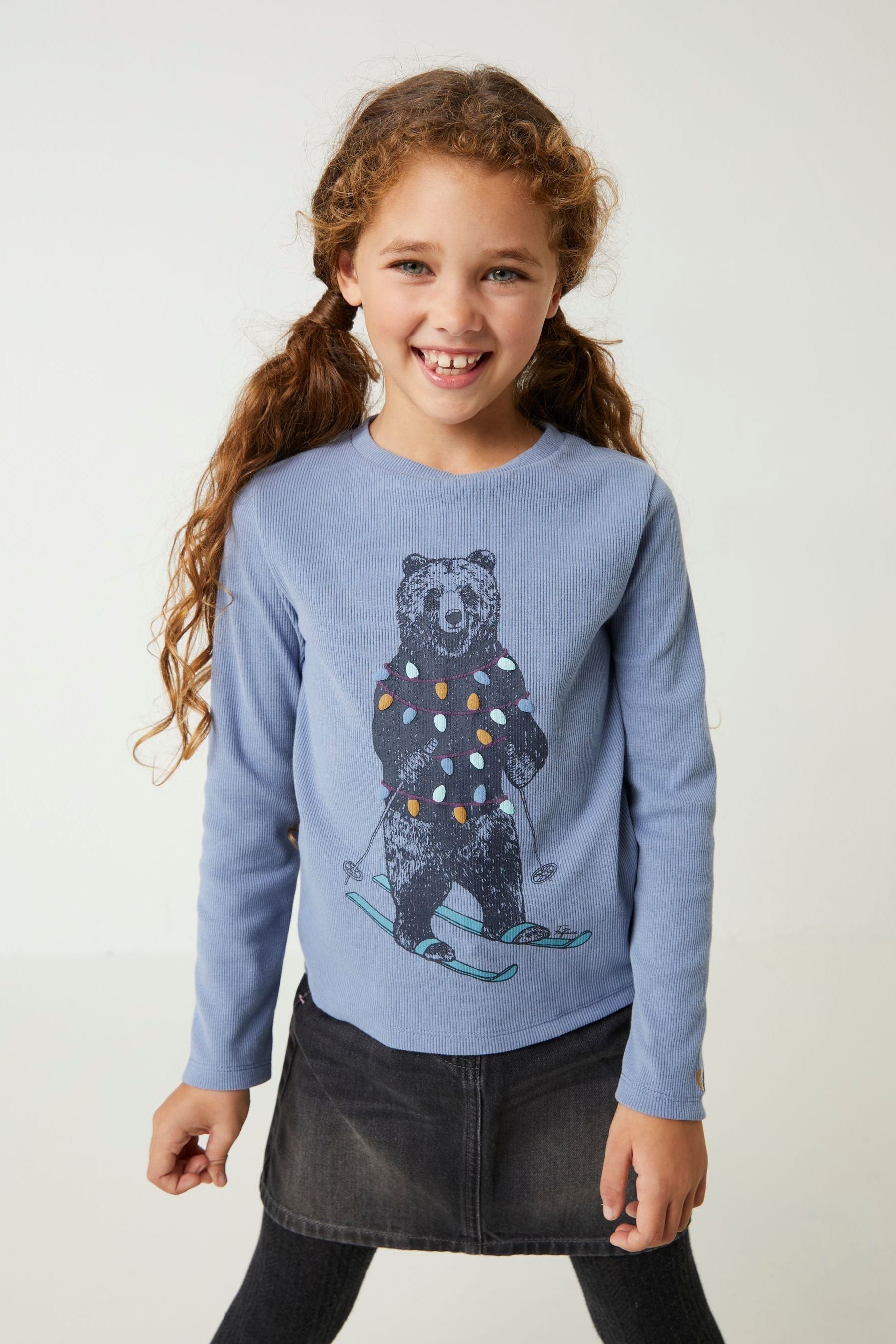 Blue FatFace Skiing Bear Rib T-Shirt