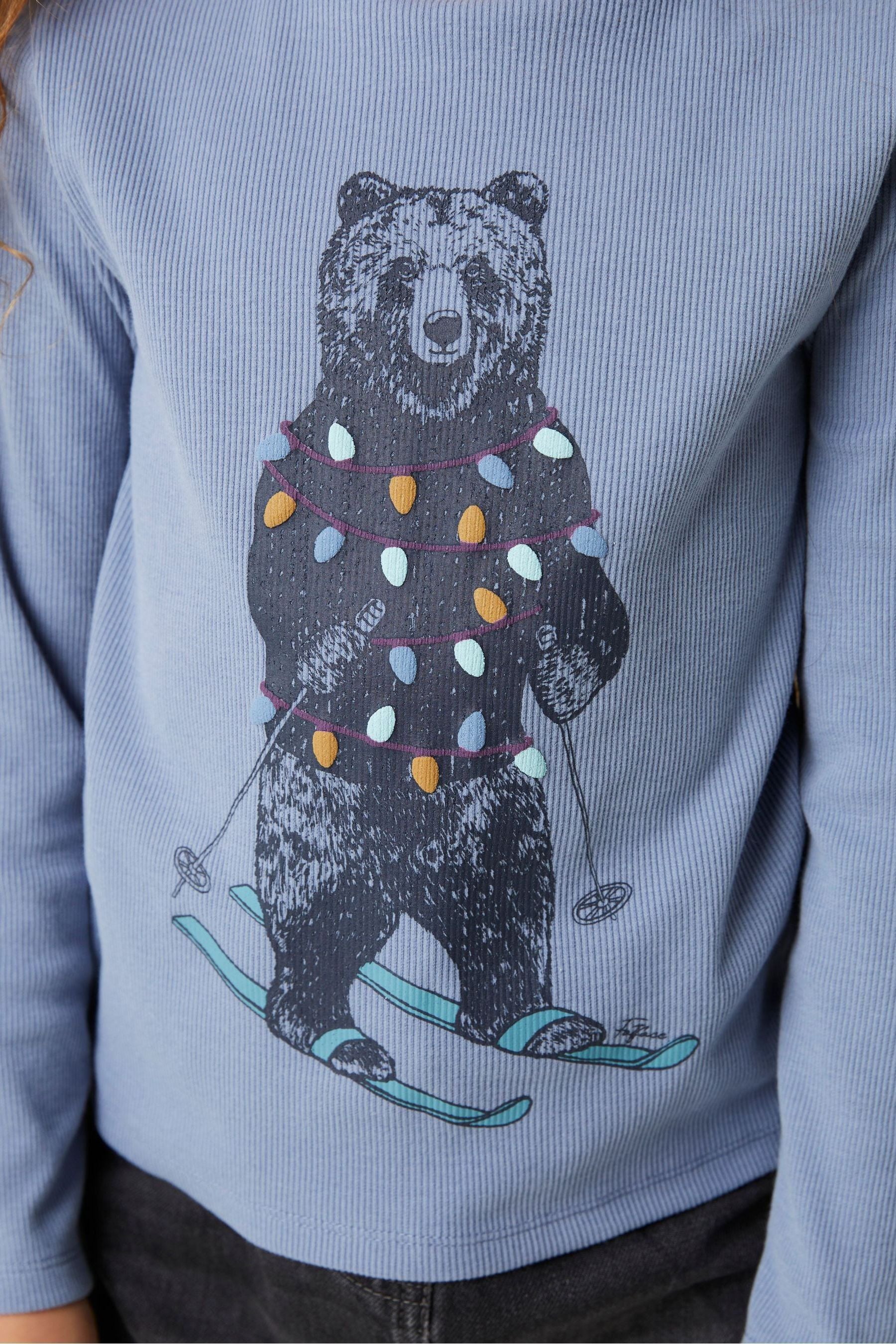 Blue FatFace Skiing Bear Rib T-Shirt