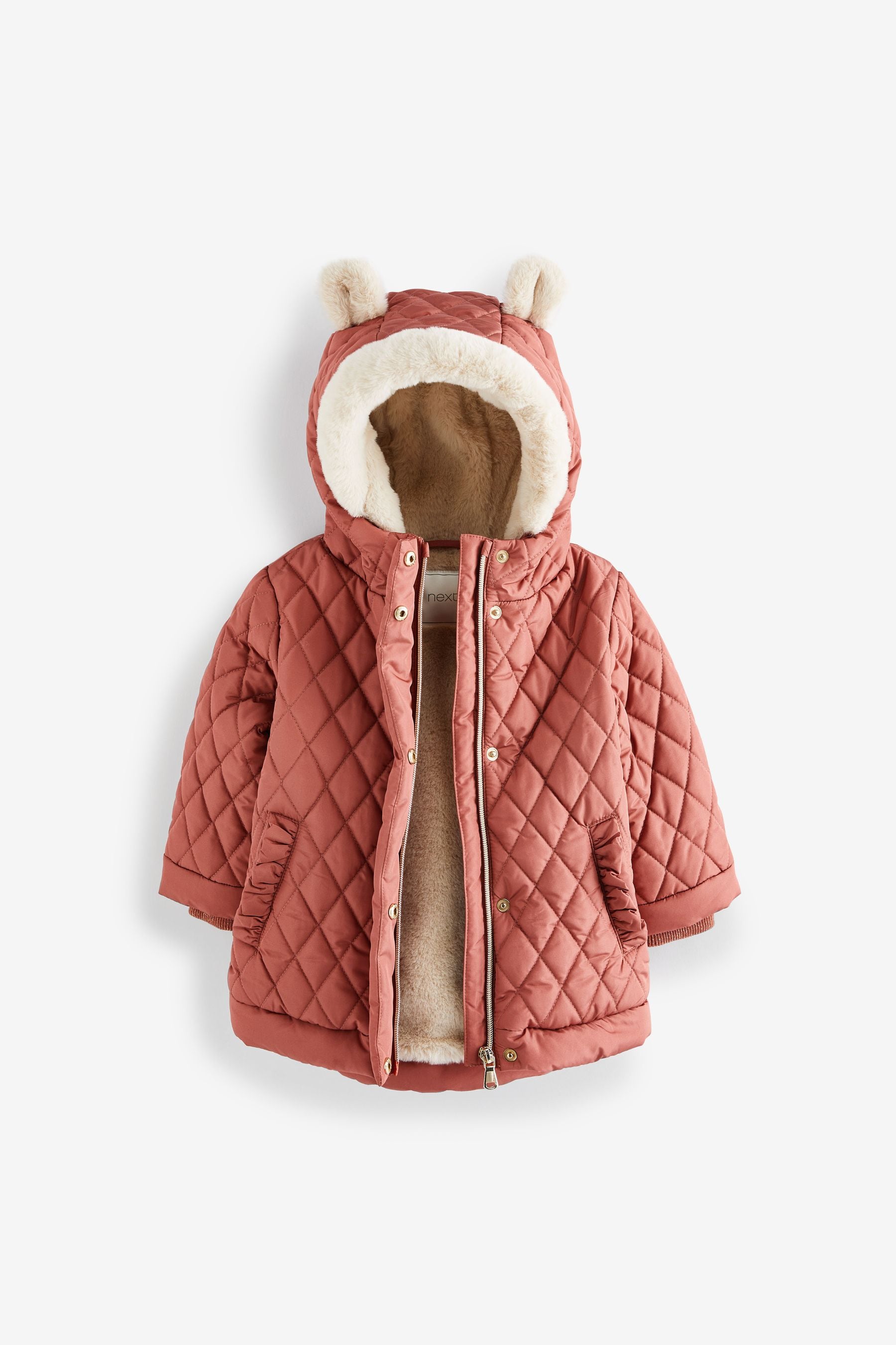 Rust Brown Shower Resistant Faux Fur Hood Trim Coat (3mths-7yrs)