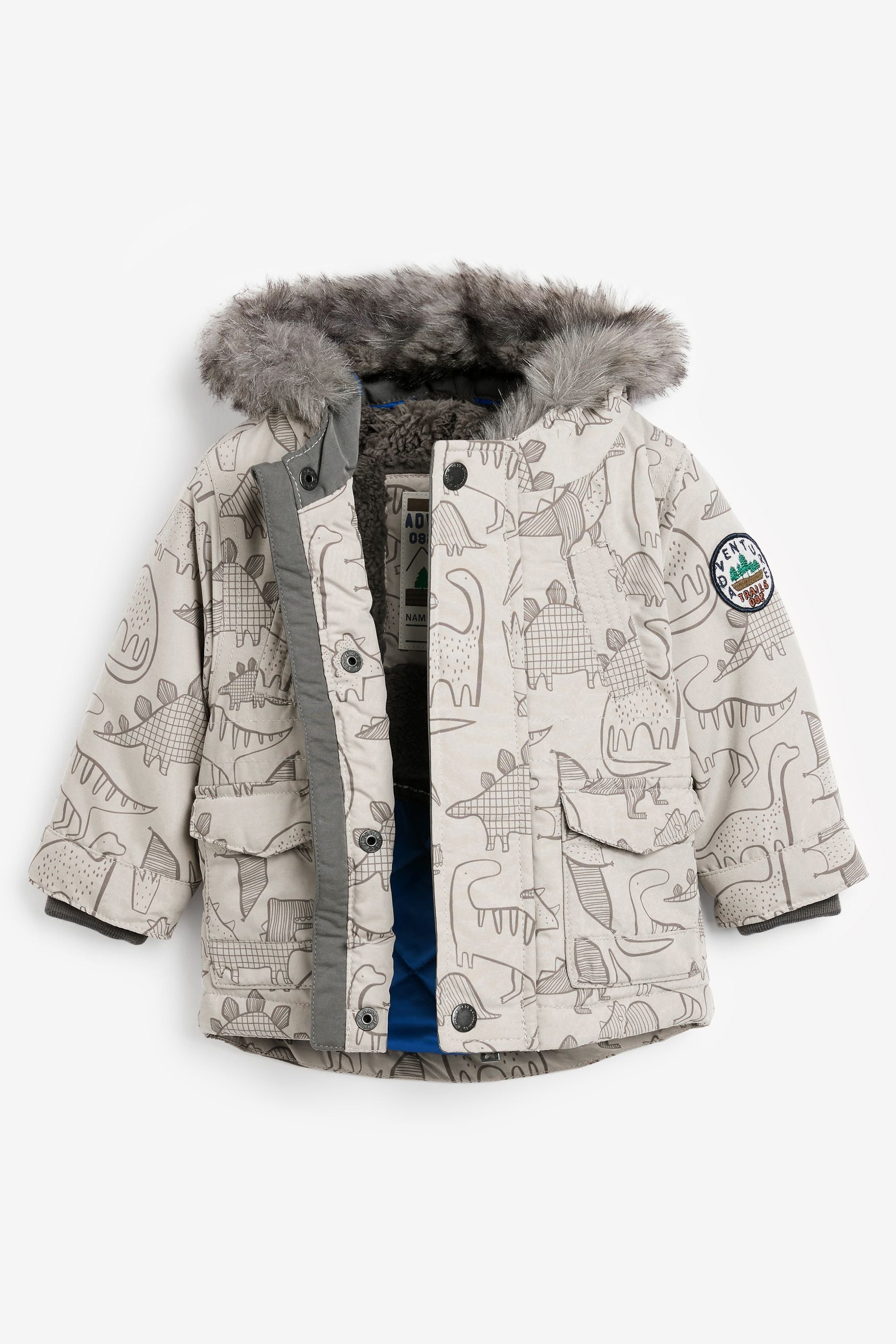 Neutral Dino Print Faux Fur Hooded Parka Coat (3mths-7yrs)