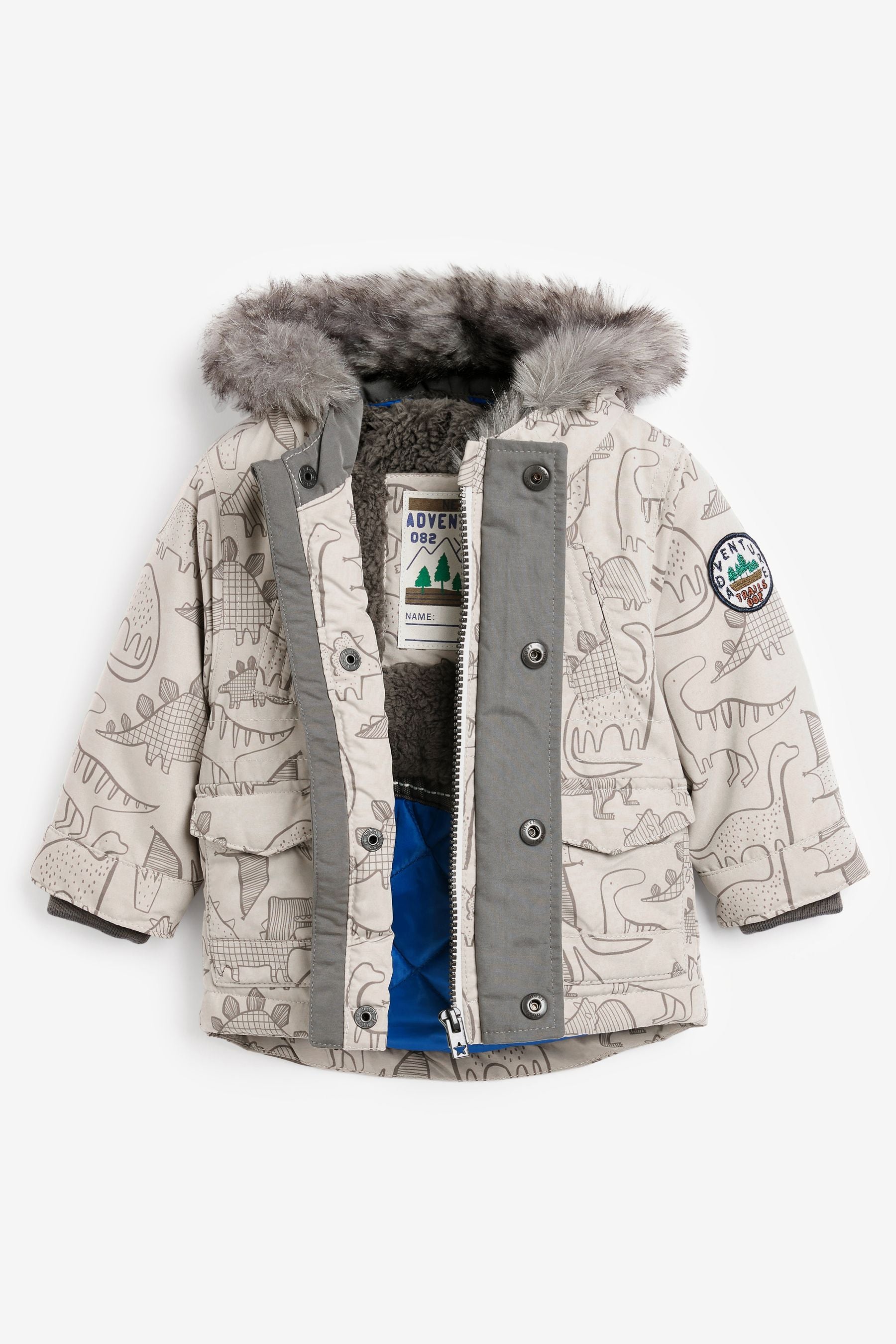 Neutral Dino Print Faux Fur Hooded Parka Coat (3mths-7yrs)