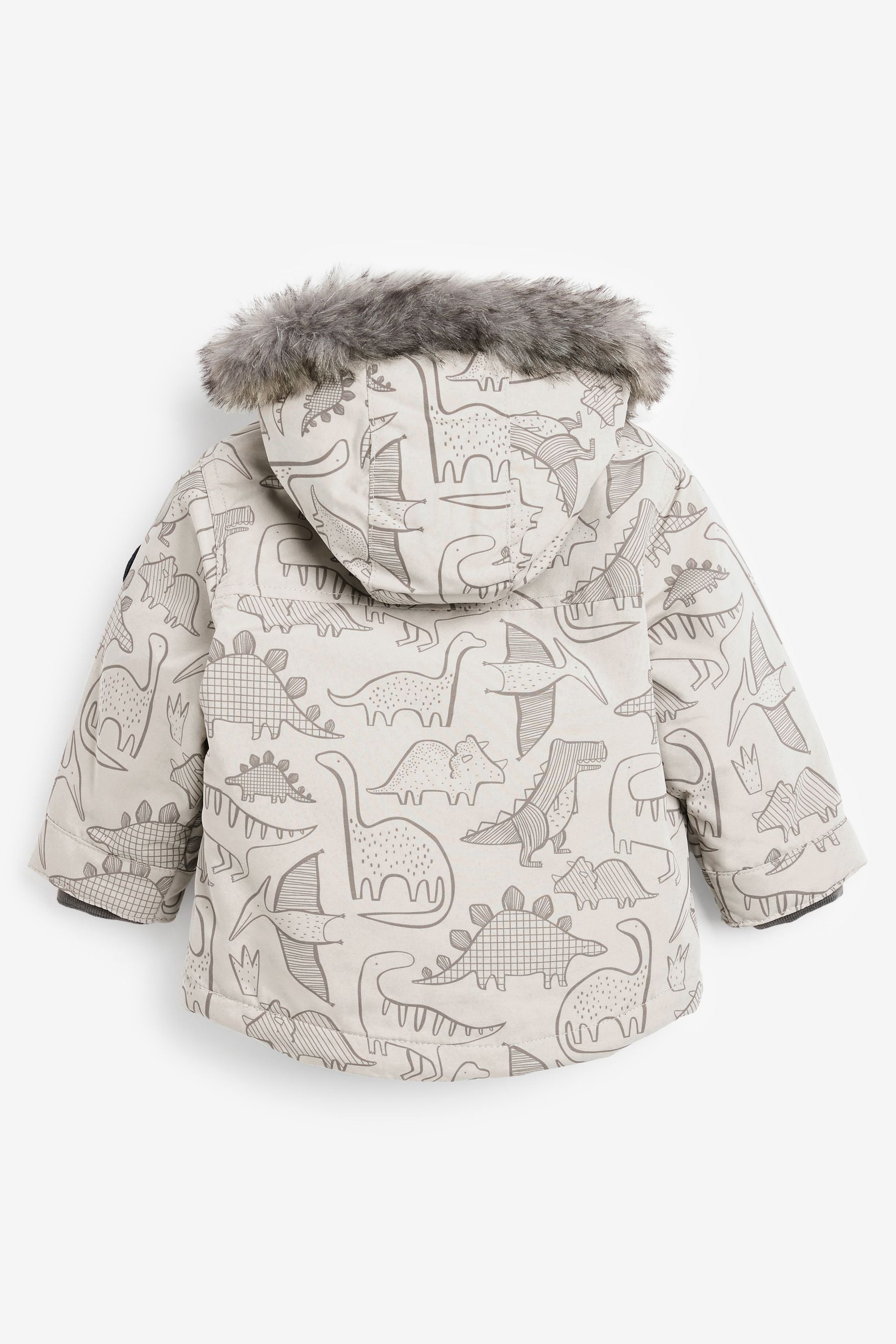 Neutral Dino Print Faux Fur Hooded Parka Coat (3mths-7yrs)