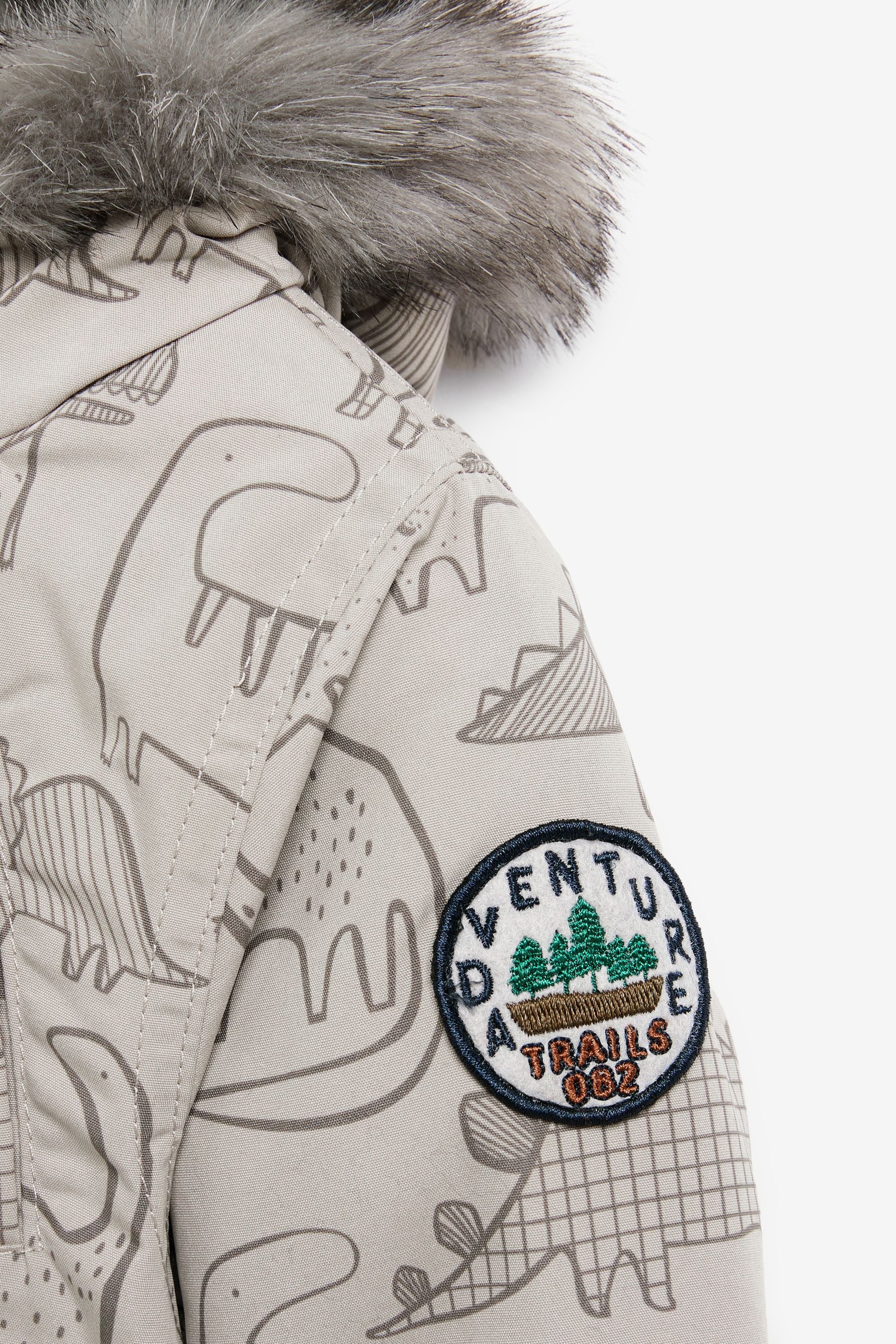 Neutral Dino Print Faux Fur Hooded Parka Coat (3mths-7yrs)