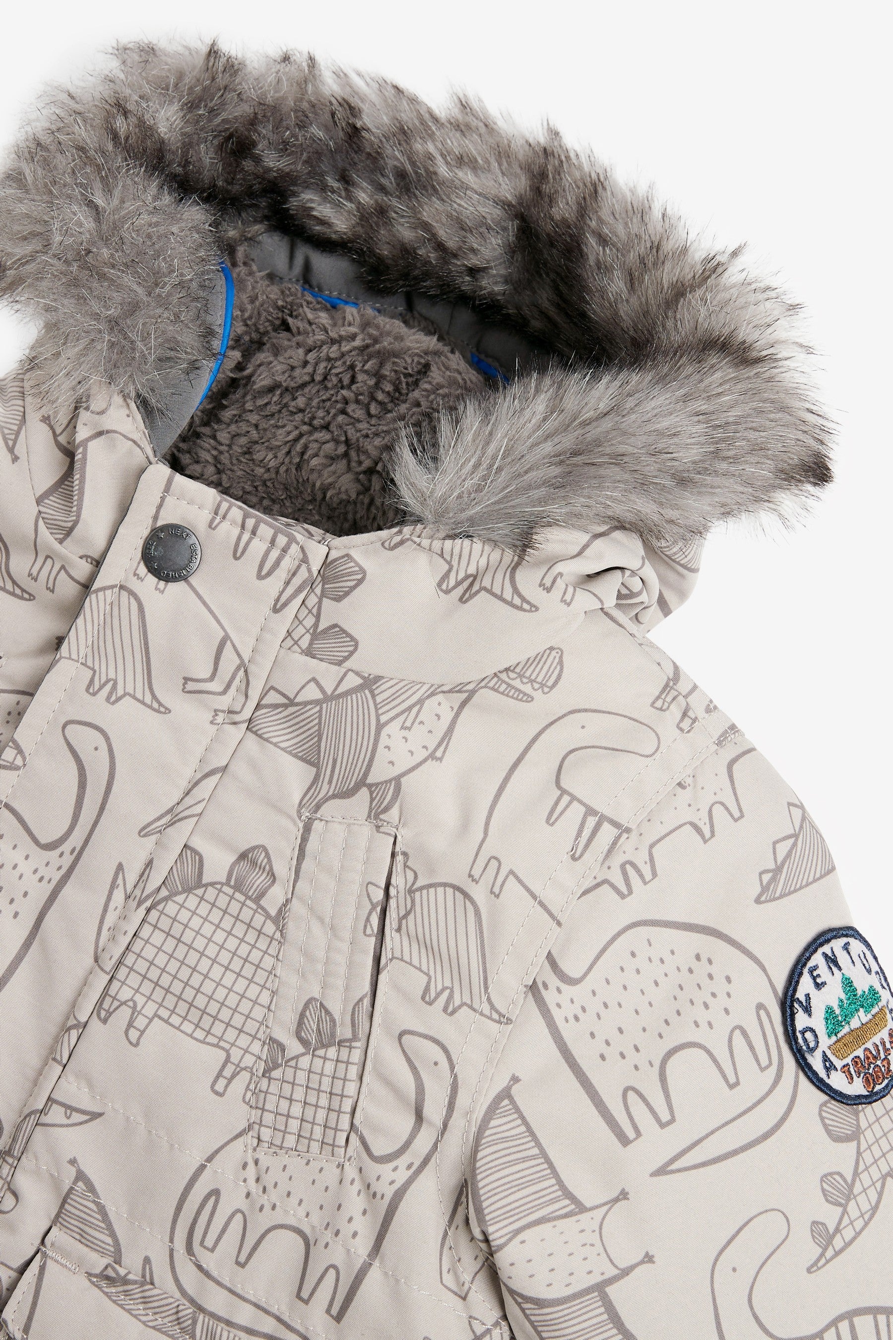 Neutral Dino Print Faux Fur Hooded Parka Coat (3mths-7yrs)