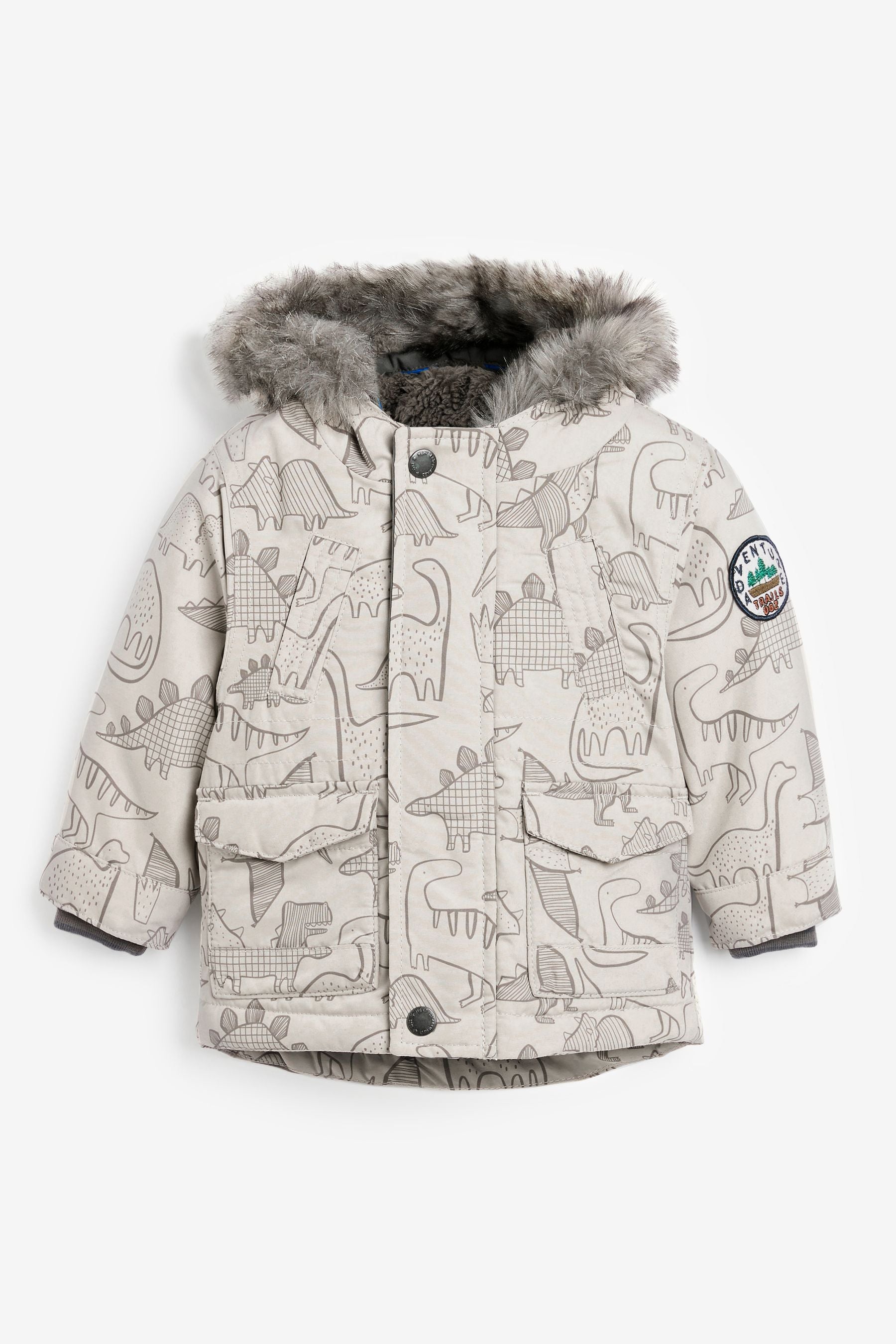 Neutral Dino Print Faux Fur Hooded Parka Coat (3mths-7yrs)