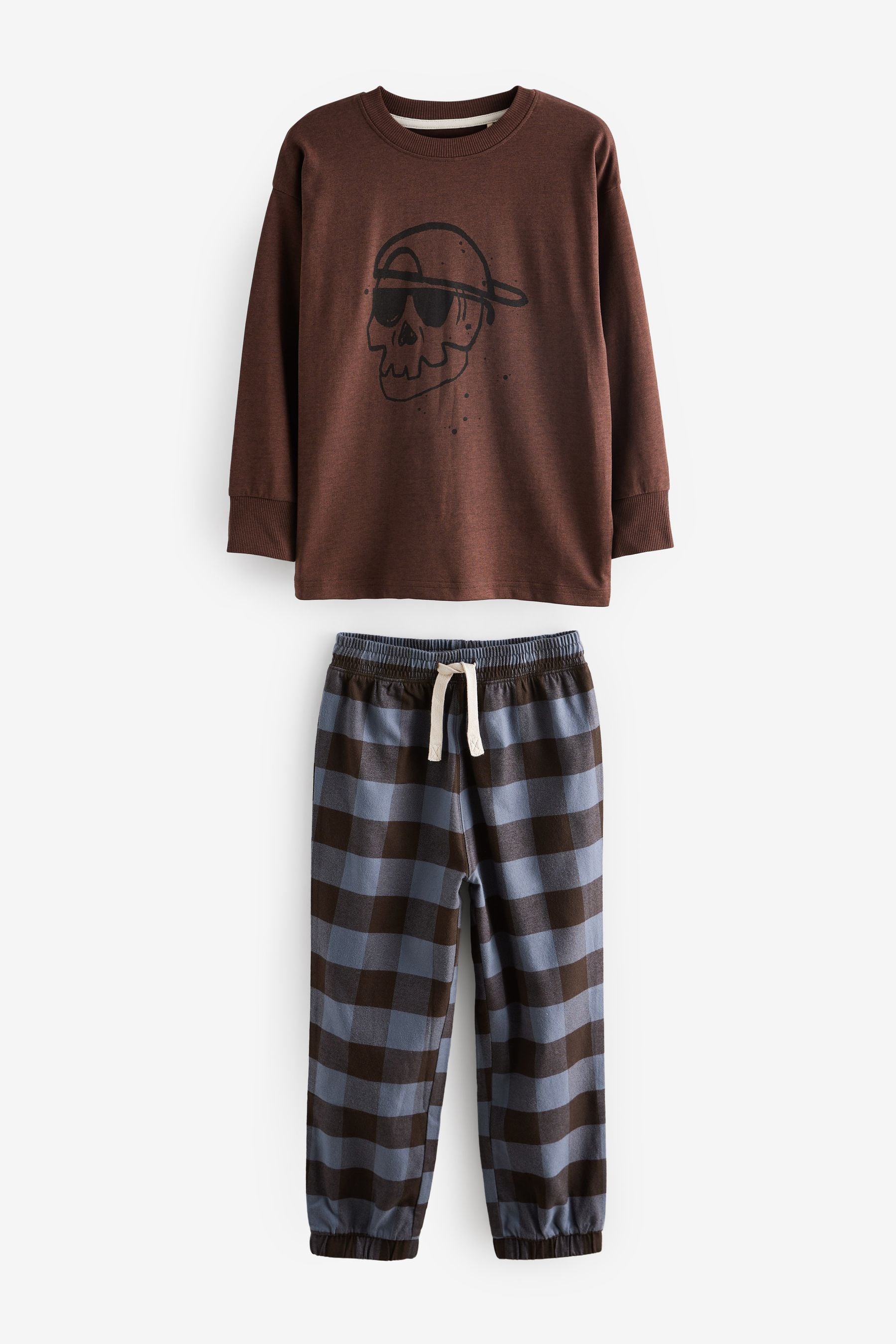 Chocolate Brown Skull Check Bottom Pyjamas (3-16yrs)