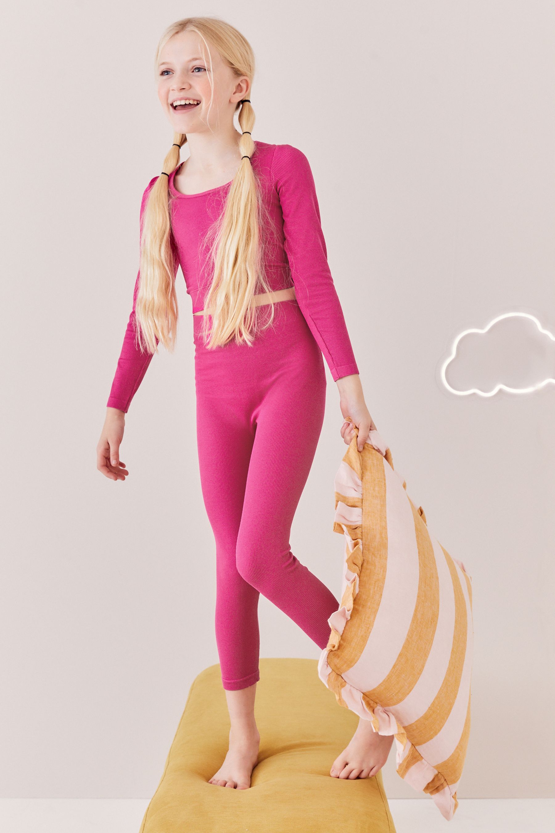 Fuchsia Pink Ribbed Stretch Top & Leggings Set (7-16yrs)