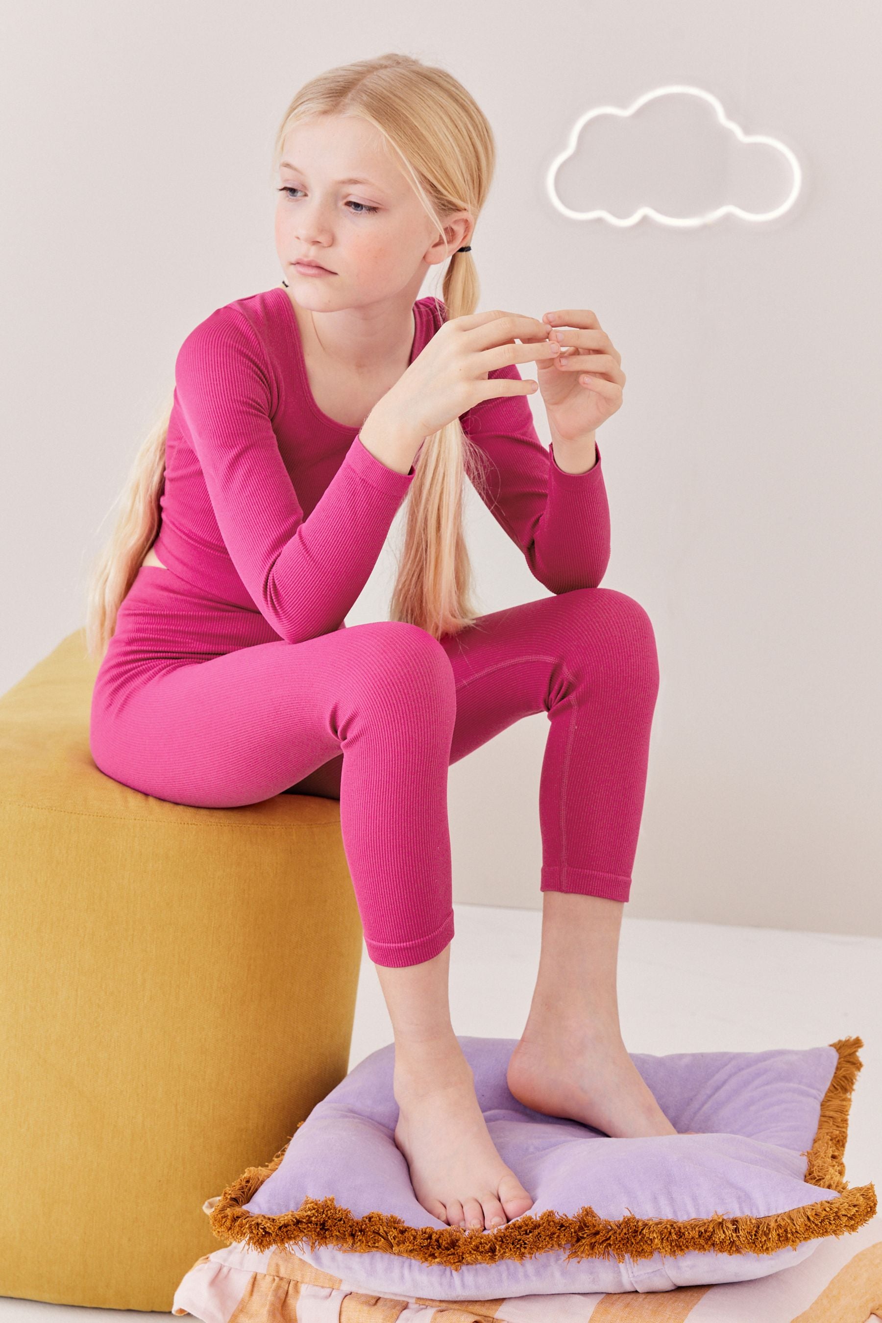 Fuchsia Pink Ribbed Stretch Top & Leggings Set (7-16yrs)