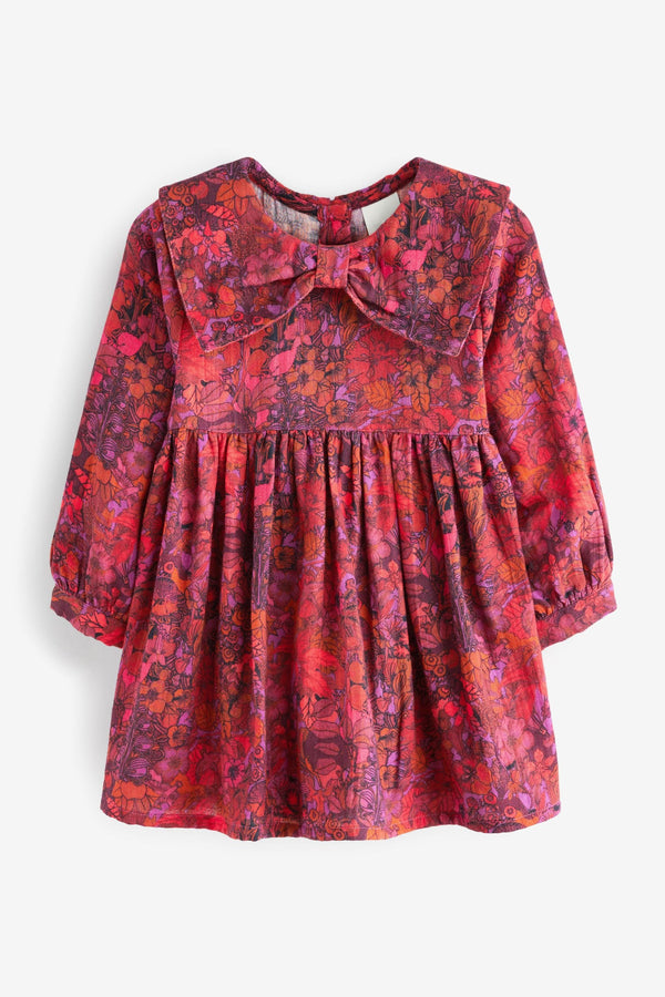 Berry Red Bow Collar Long Sleeve Cotton Dress (3mths-7yrs)