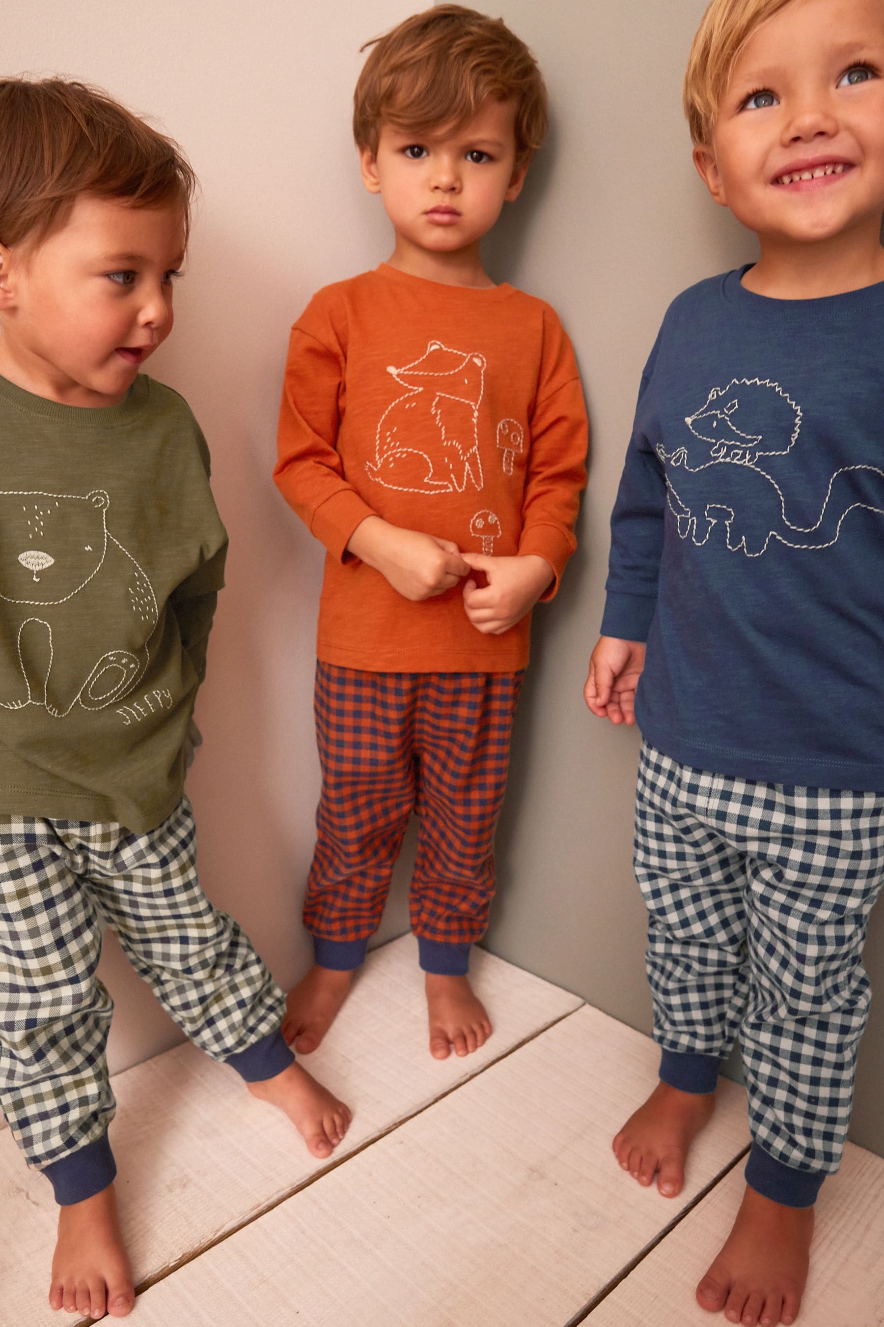 Khaki/ Rust Woodland Animal Check Bottom Pyjamas 3 Pack (9mths-8yrs)