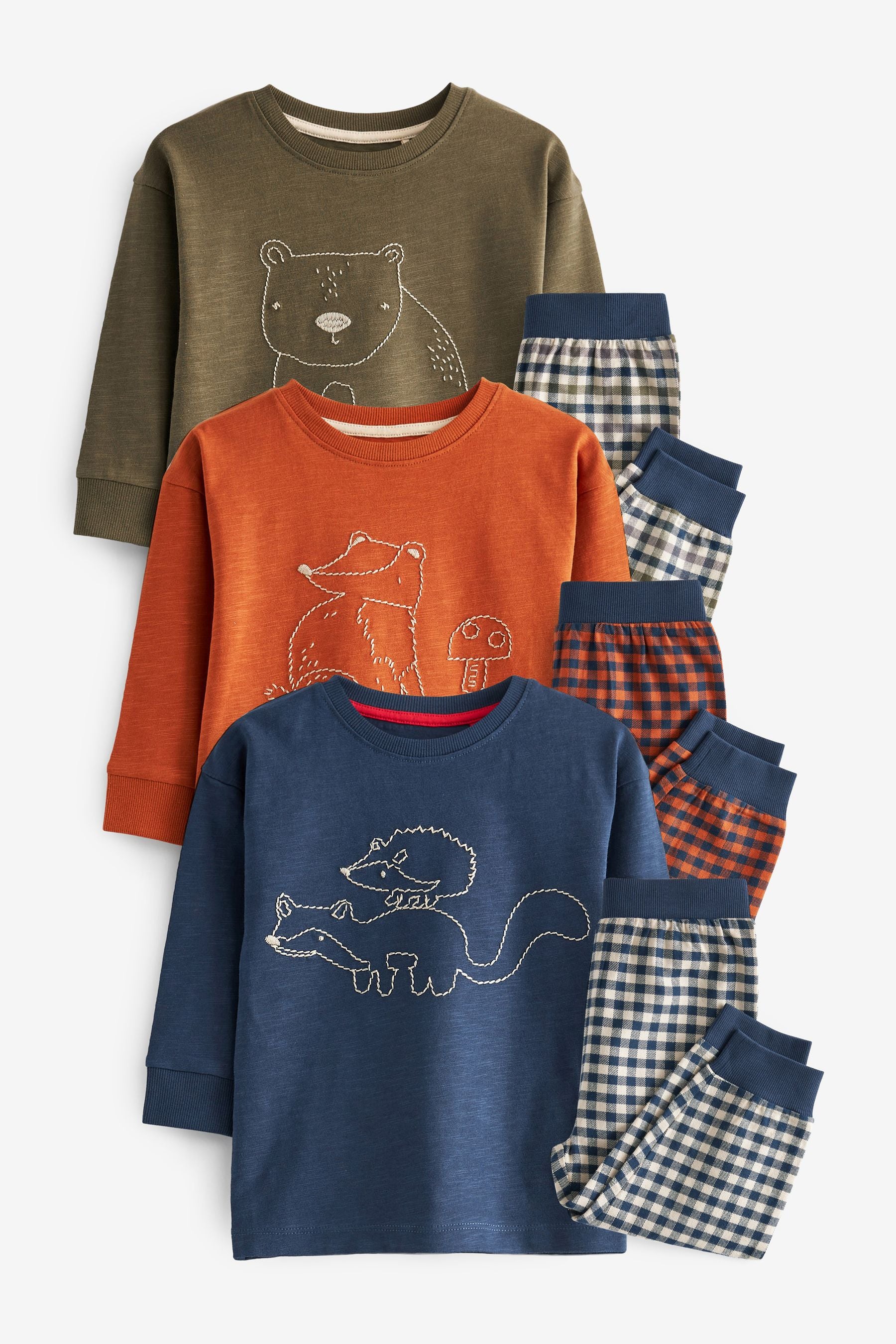 Khaki/ Rust Woodland Animal Check Bottom Pyjamas 3 Pack (9mths-8yrs)