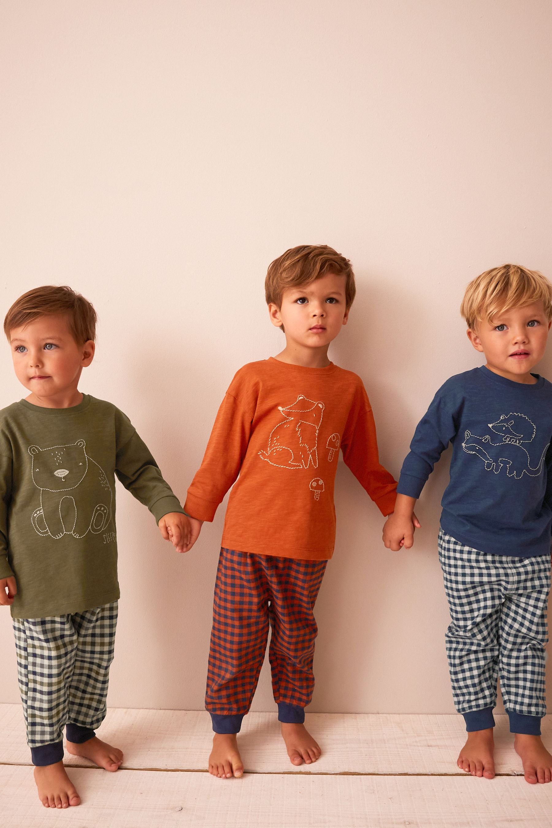 Khaki/ Rust Woodland Animal Check Bottom Pyjamas 3 Pack (9mths-8yrs)