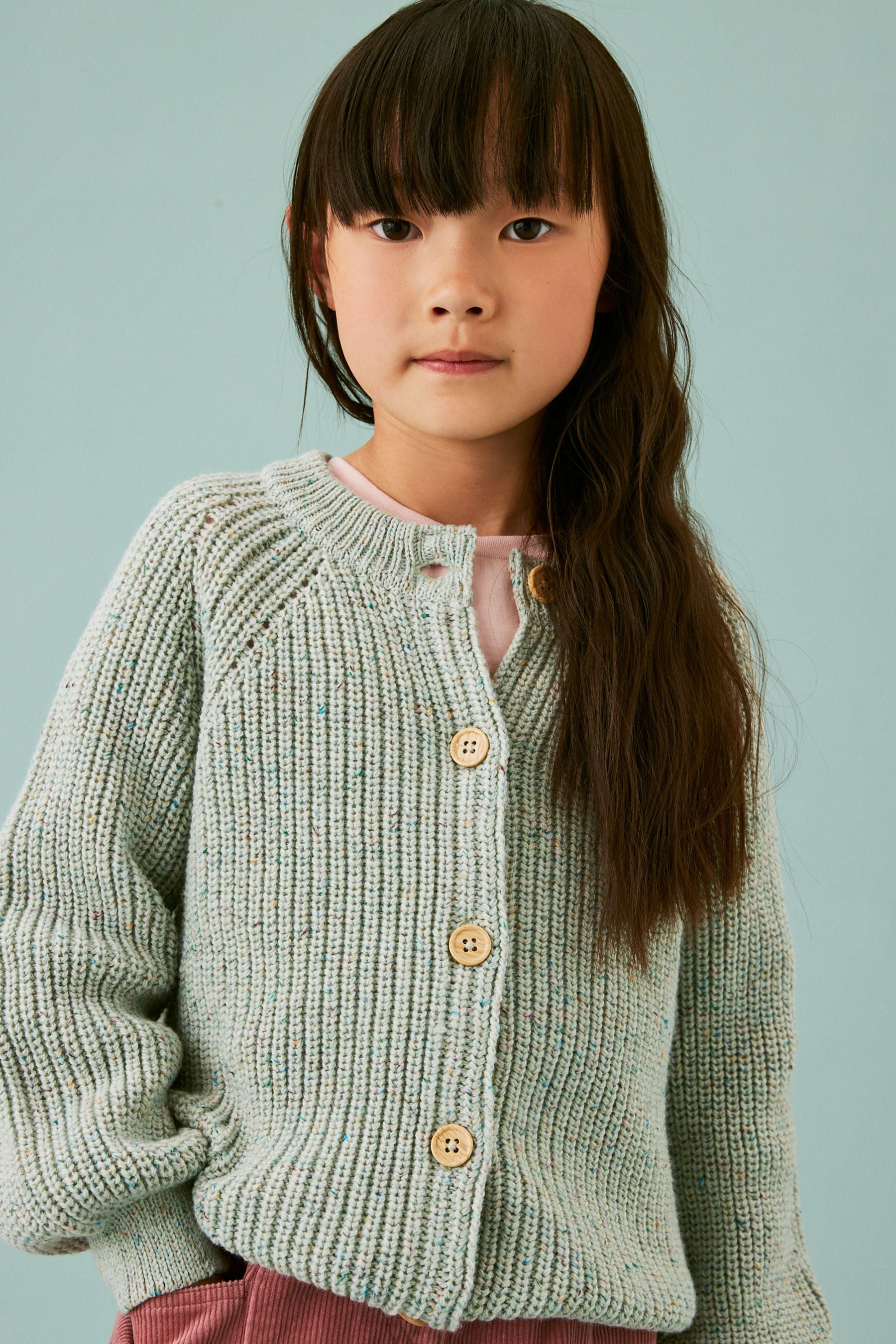 Green Multicolour Yarn Mock Wood Button Cardigan (6-14yrs)