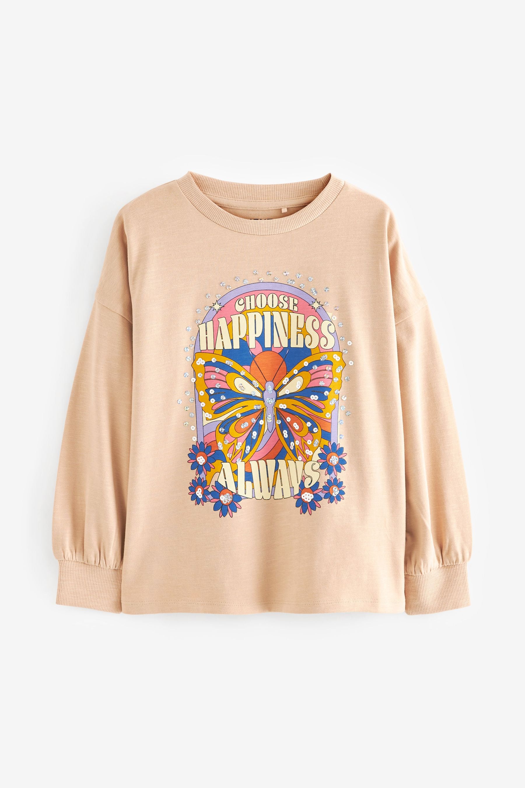 Neutral Sequin Butterfly Long Sleeve Cuffed Graphic T-Shirt (3-16yrs)