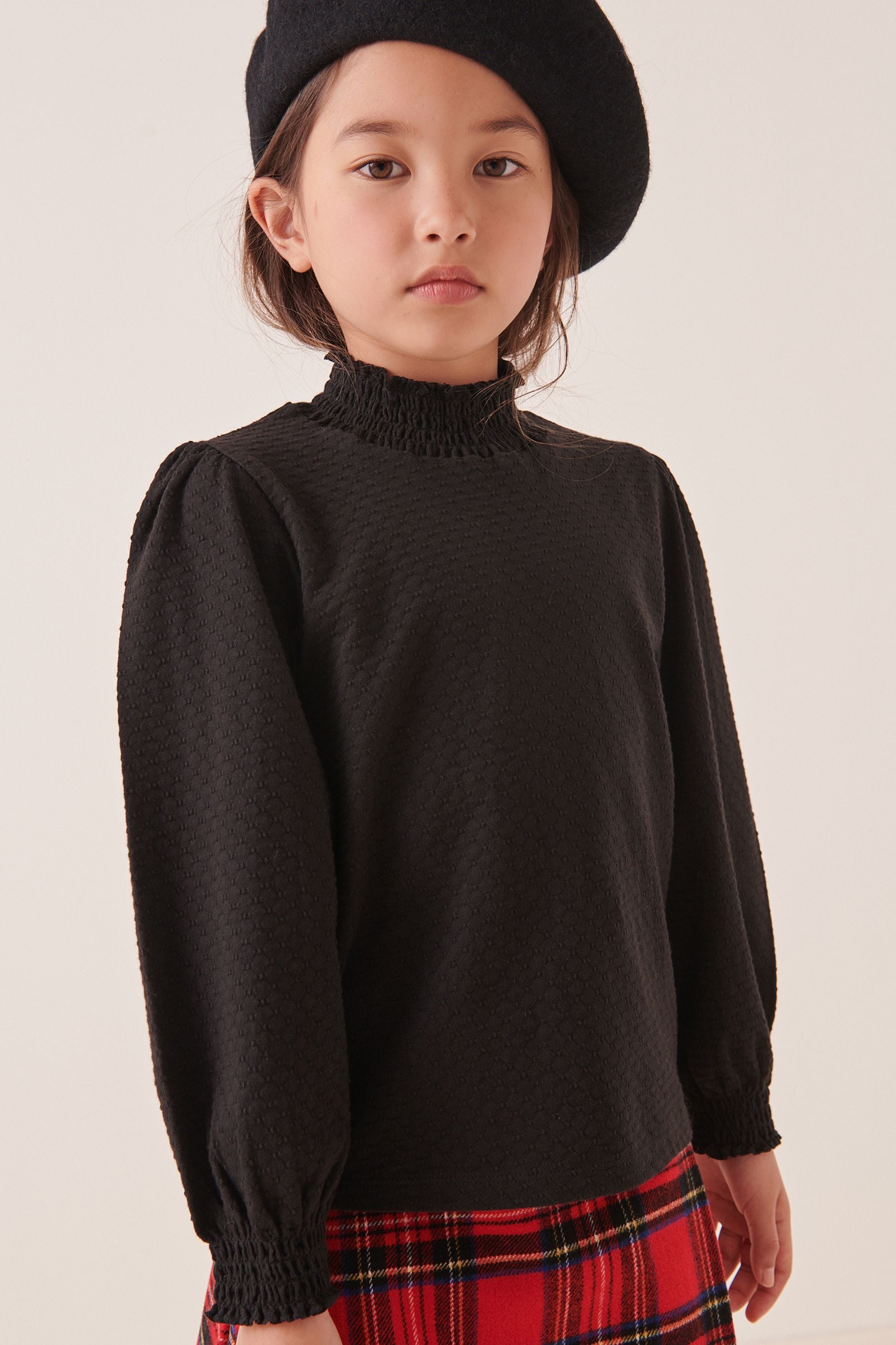 Black Shirred High Neck Textured Top (3-16yrs)