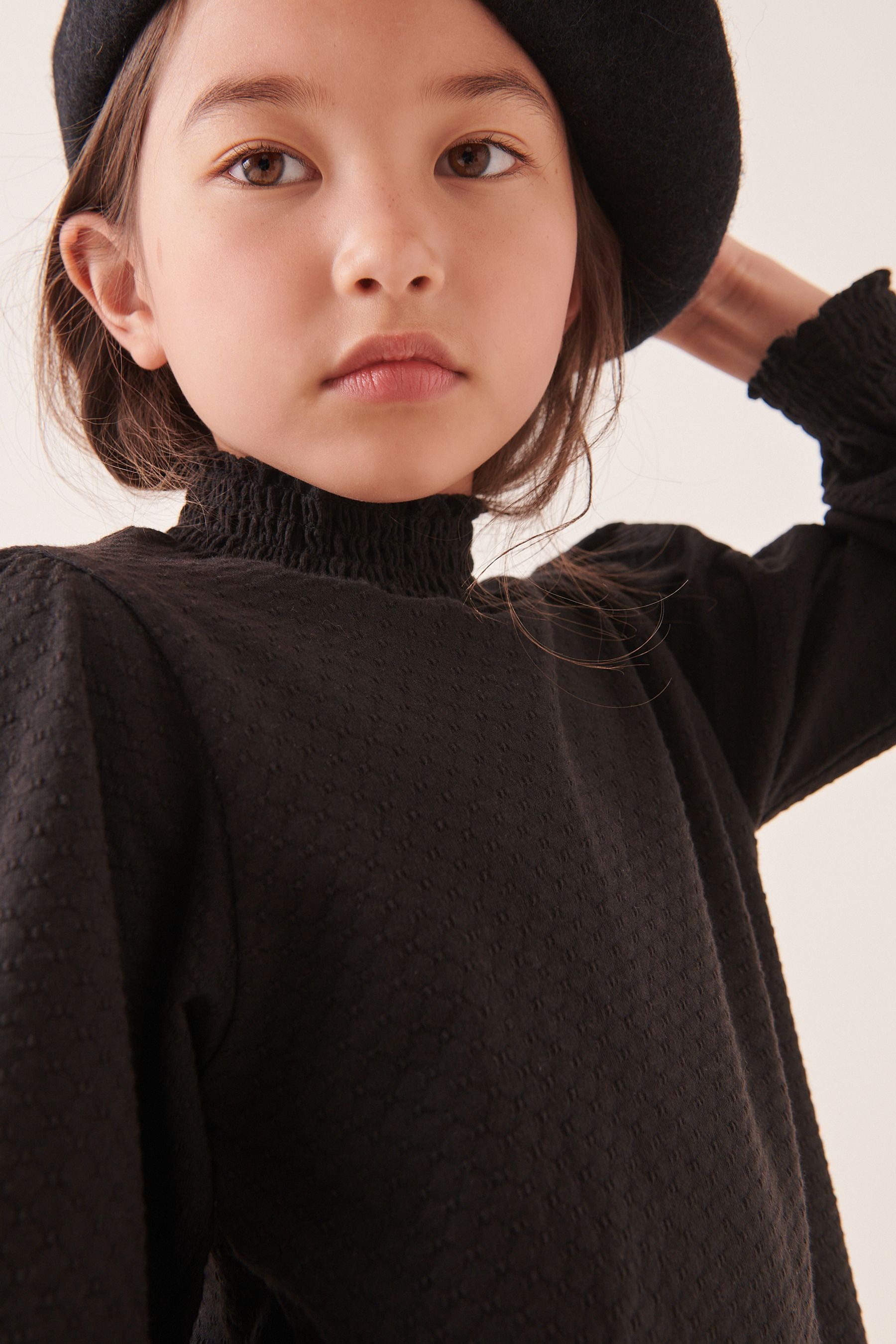 Black Shirred High Neck Textured Top (3-16yrs)