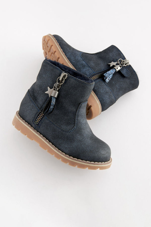 Navy Blue Shimmer Warm Lined Tassel Detail Zip Boots