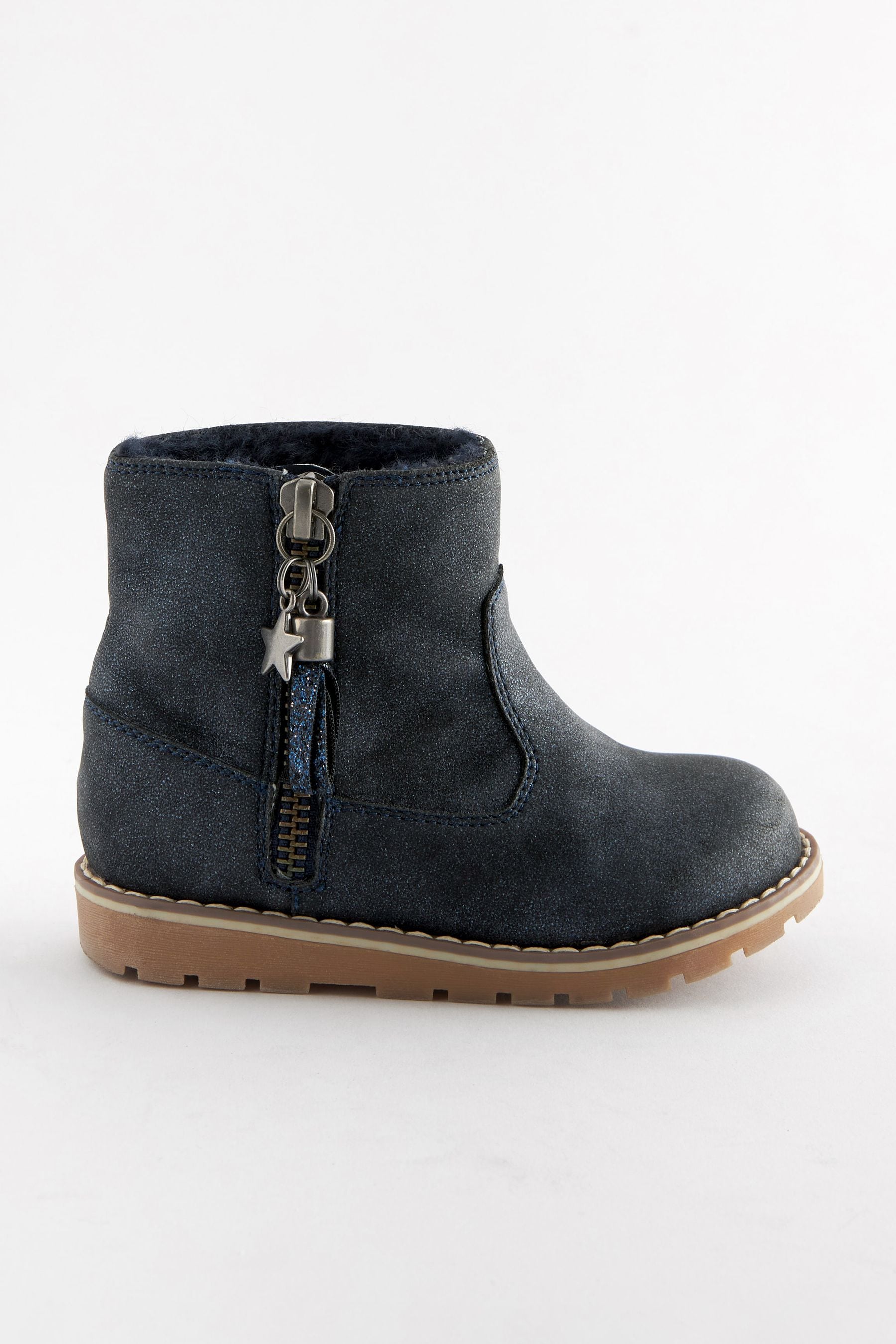 Navy Blue Shimmer Warm Lined Tassel Detail Zip Boots