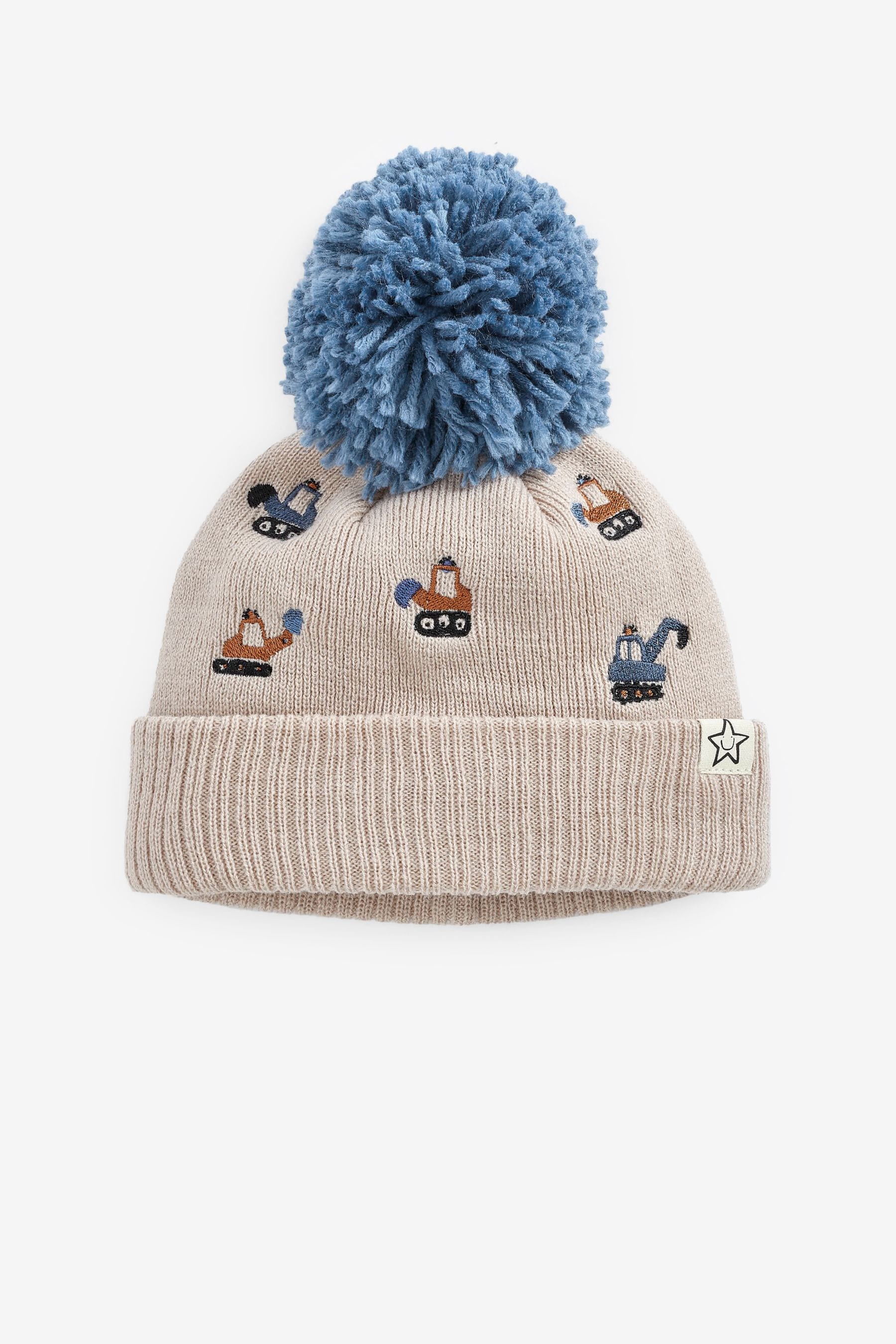 Neutral Digger Embroidered Pom Pom Hat (3mths-10yrs)