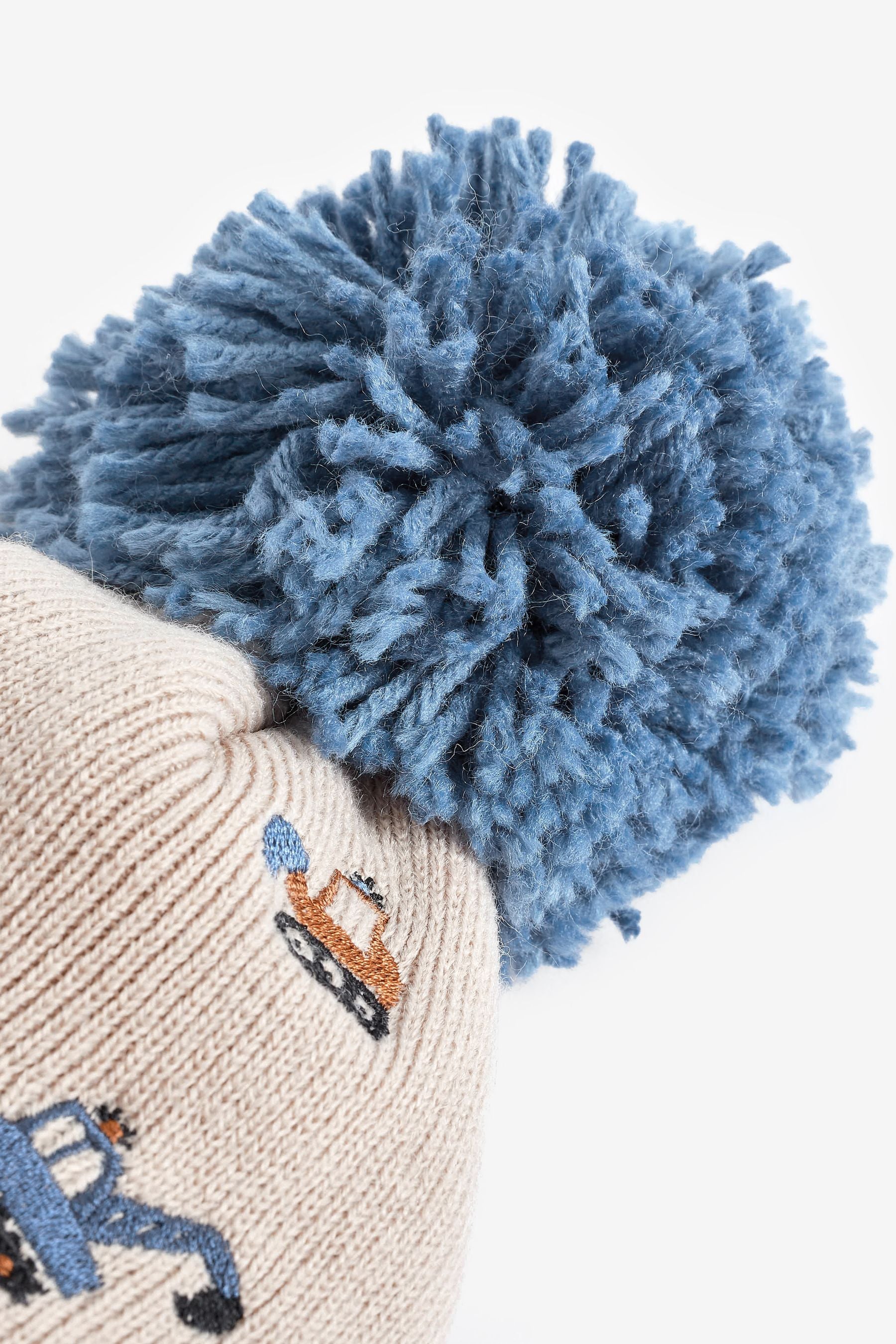 Neutral Digger Embroidered Pom Pom Hat (3mths-10yrs)