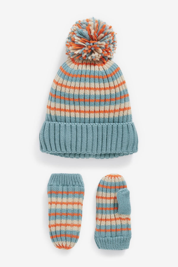 Blue/Orange Stripe Hat and Mitten Set (3mths-10yrs)