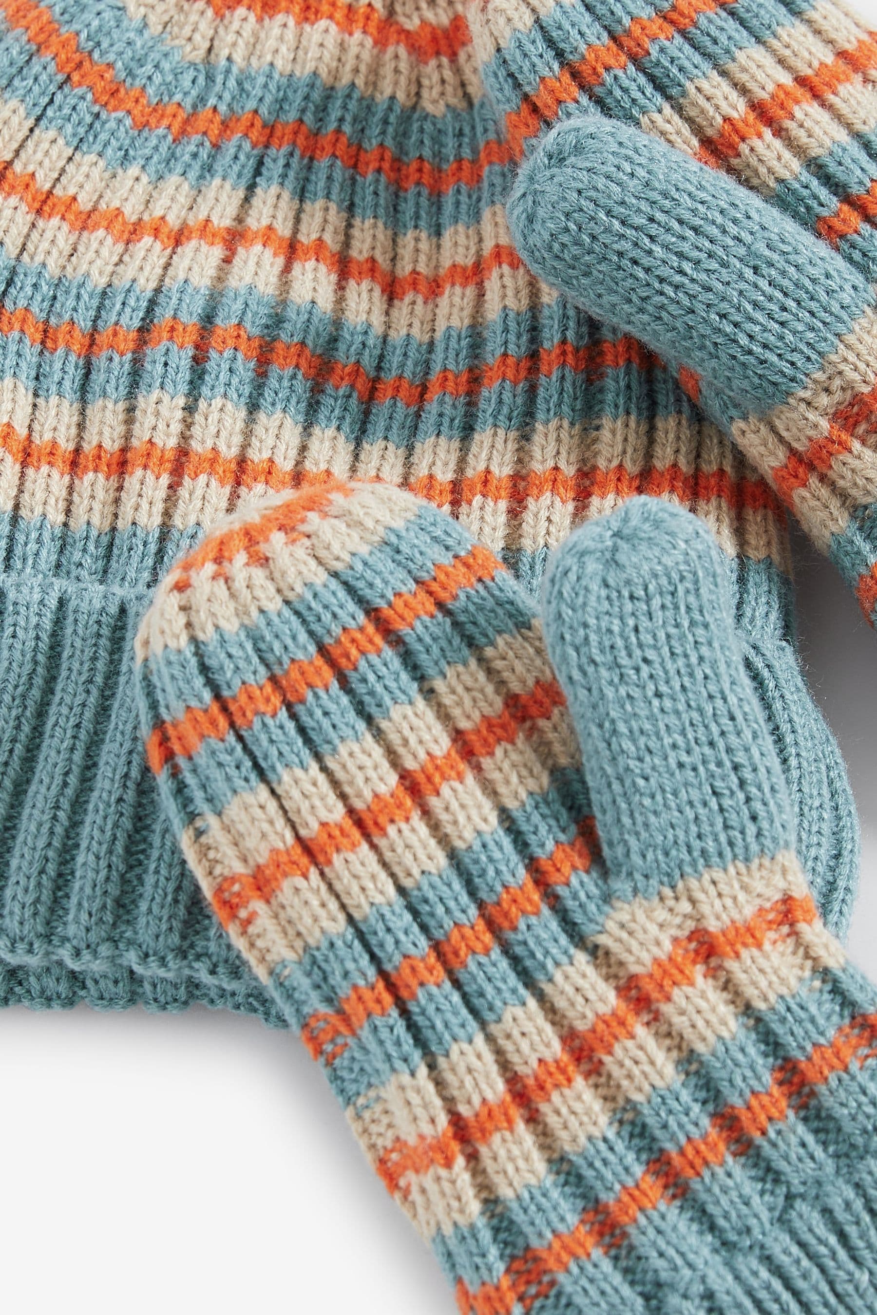 Blue/Orange Stripe Hat and Mitten Set (3mths-10yrs)