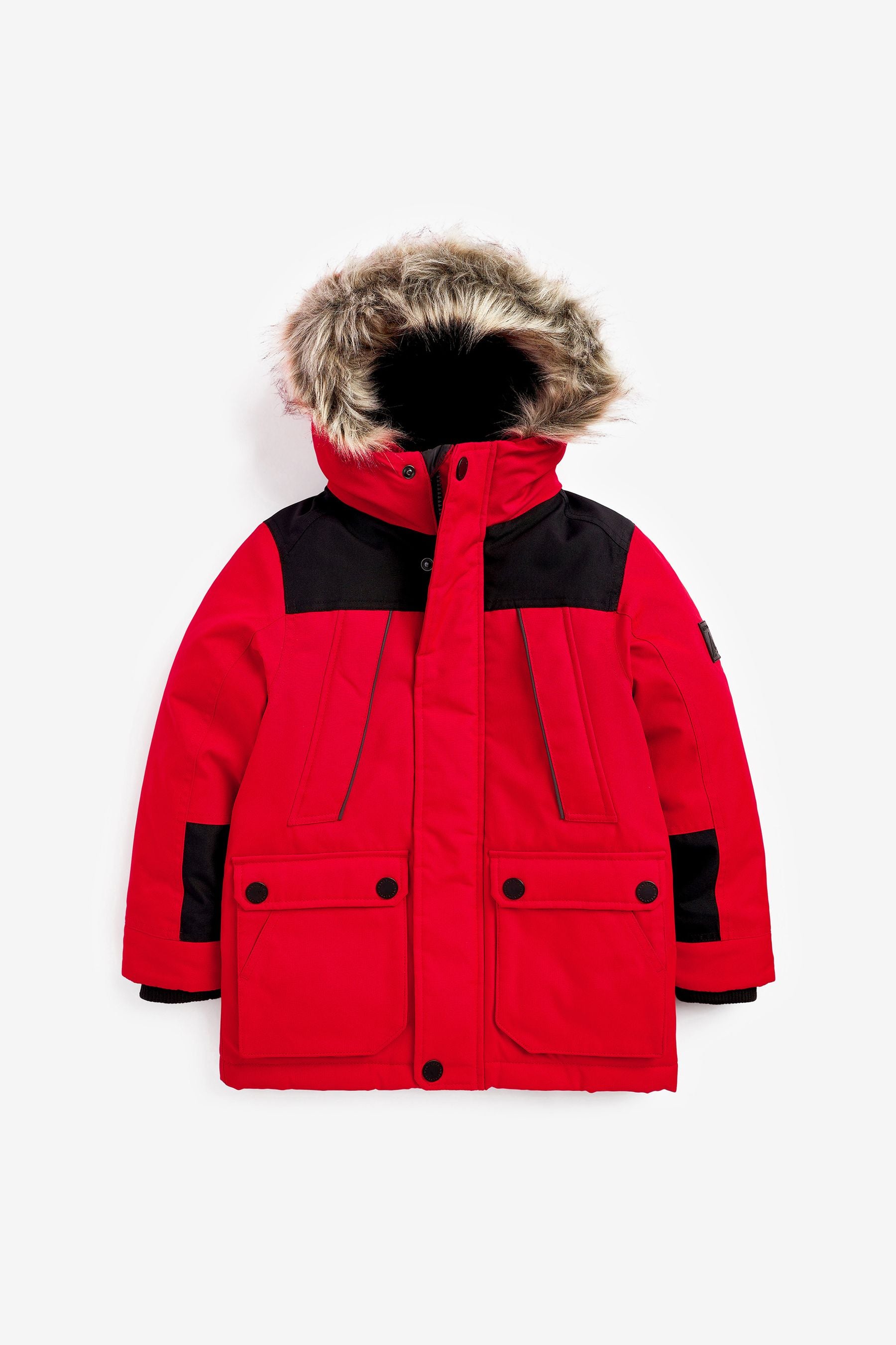 Red Shower Resistant Faux Fur Hooded Parka Coat (3-16yrs)