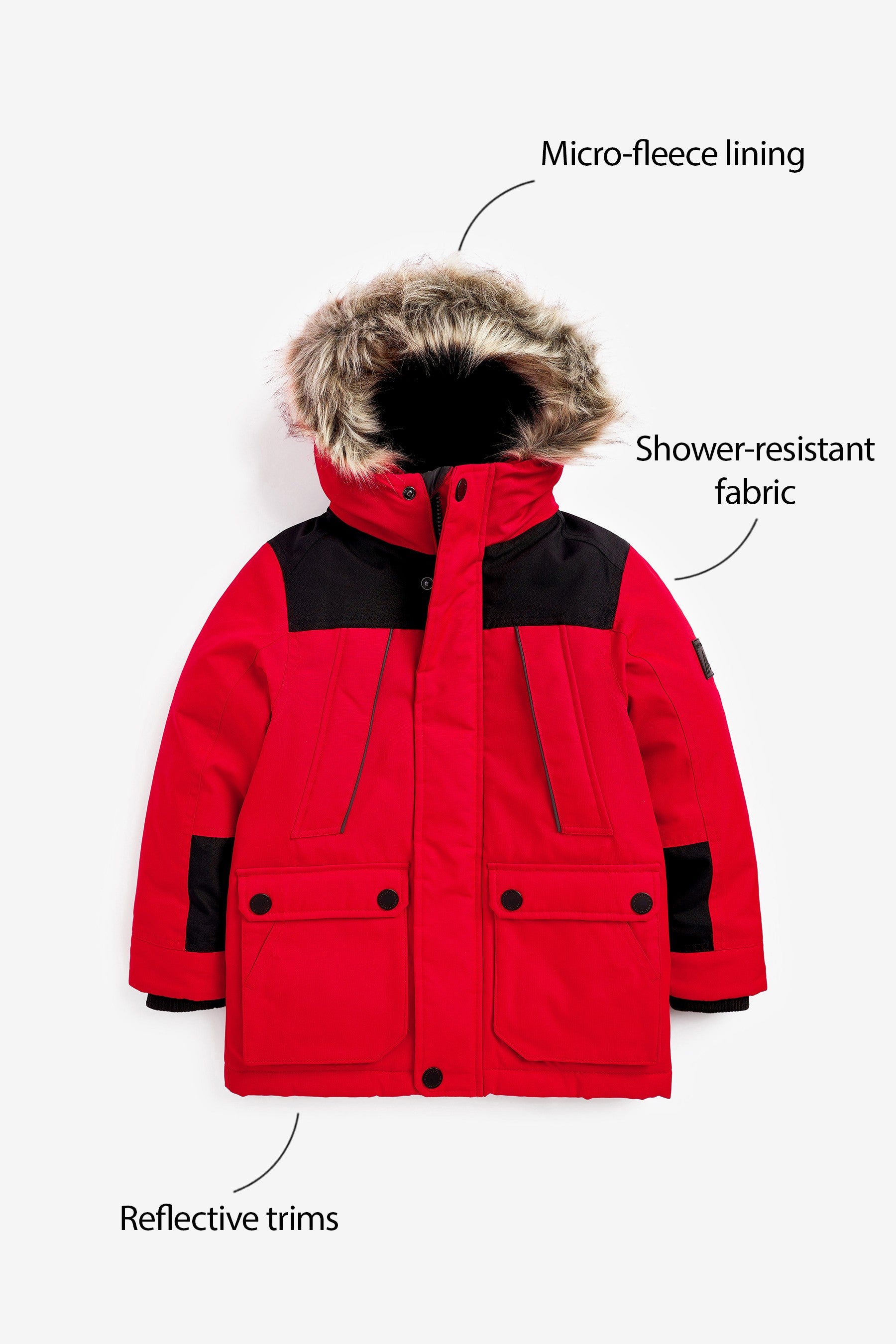 Red Shower Resistant Faux Fur Hooded Parka Coat (3-16yrs)