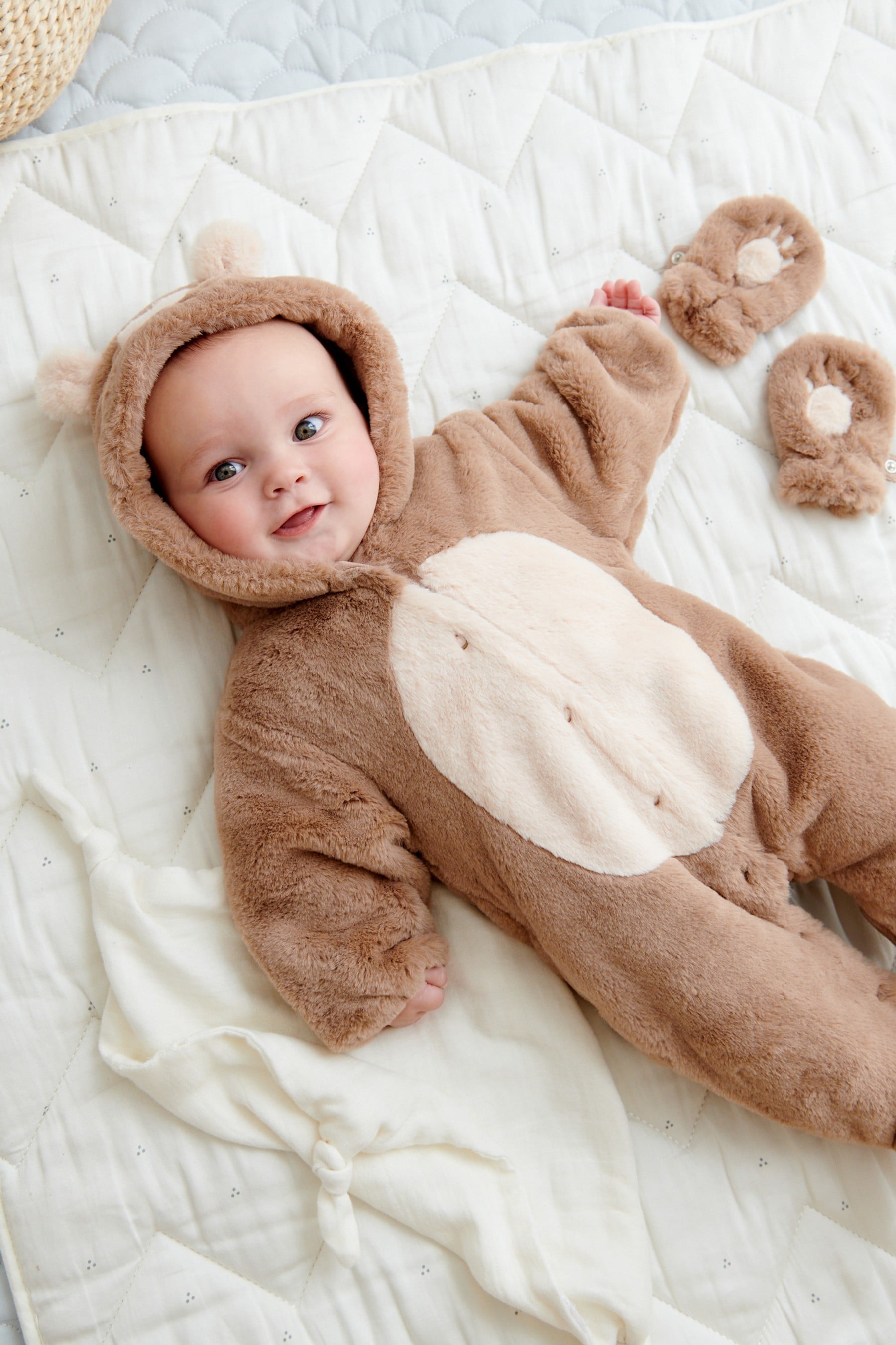 Brown Fleece Hooded Pramsuit with Detachable Mitts (0mths-2yrs)