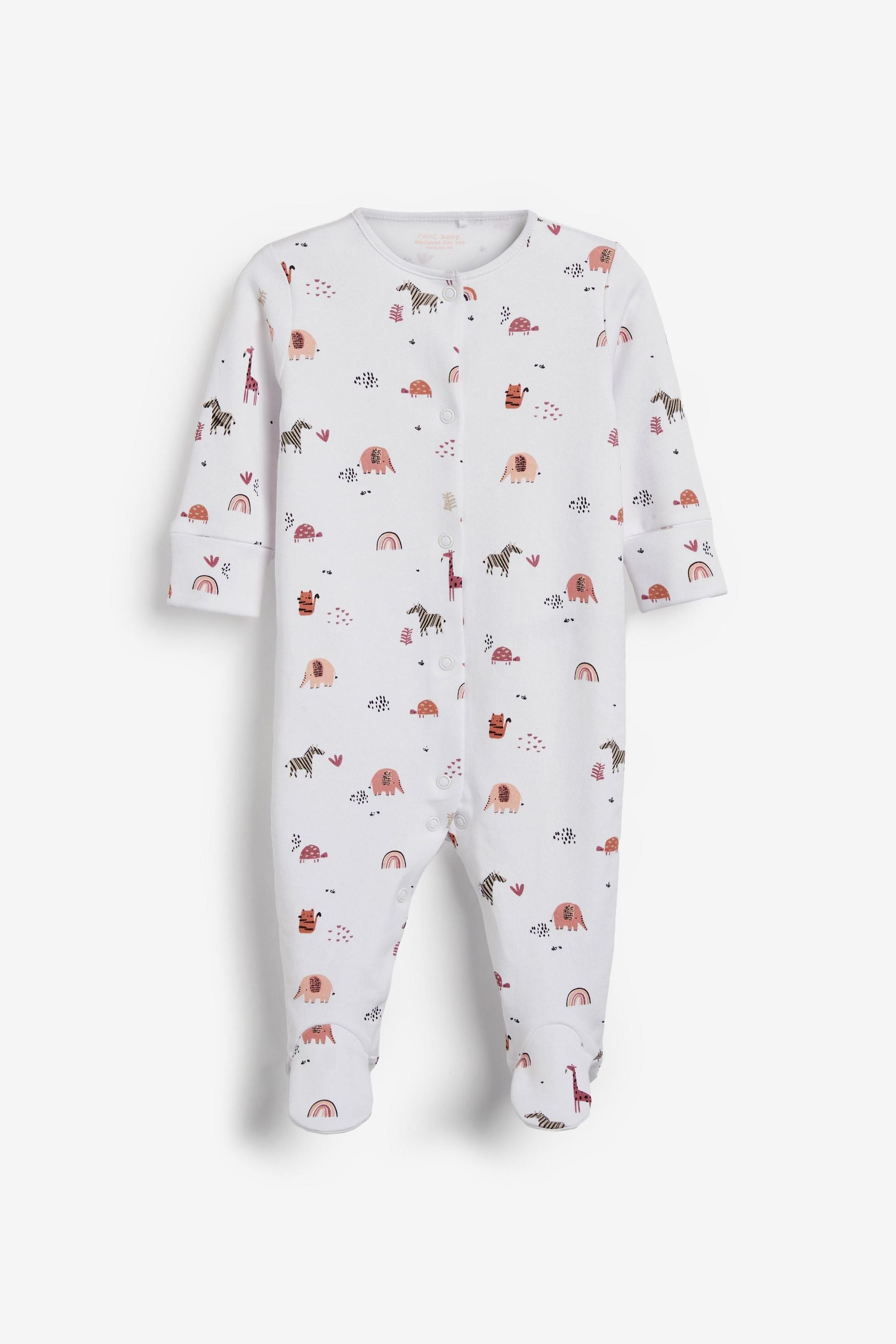 Pink Safari Animals Baby Embroidered Detail Sleepsuits 3 Pack (0-2yrs)