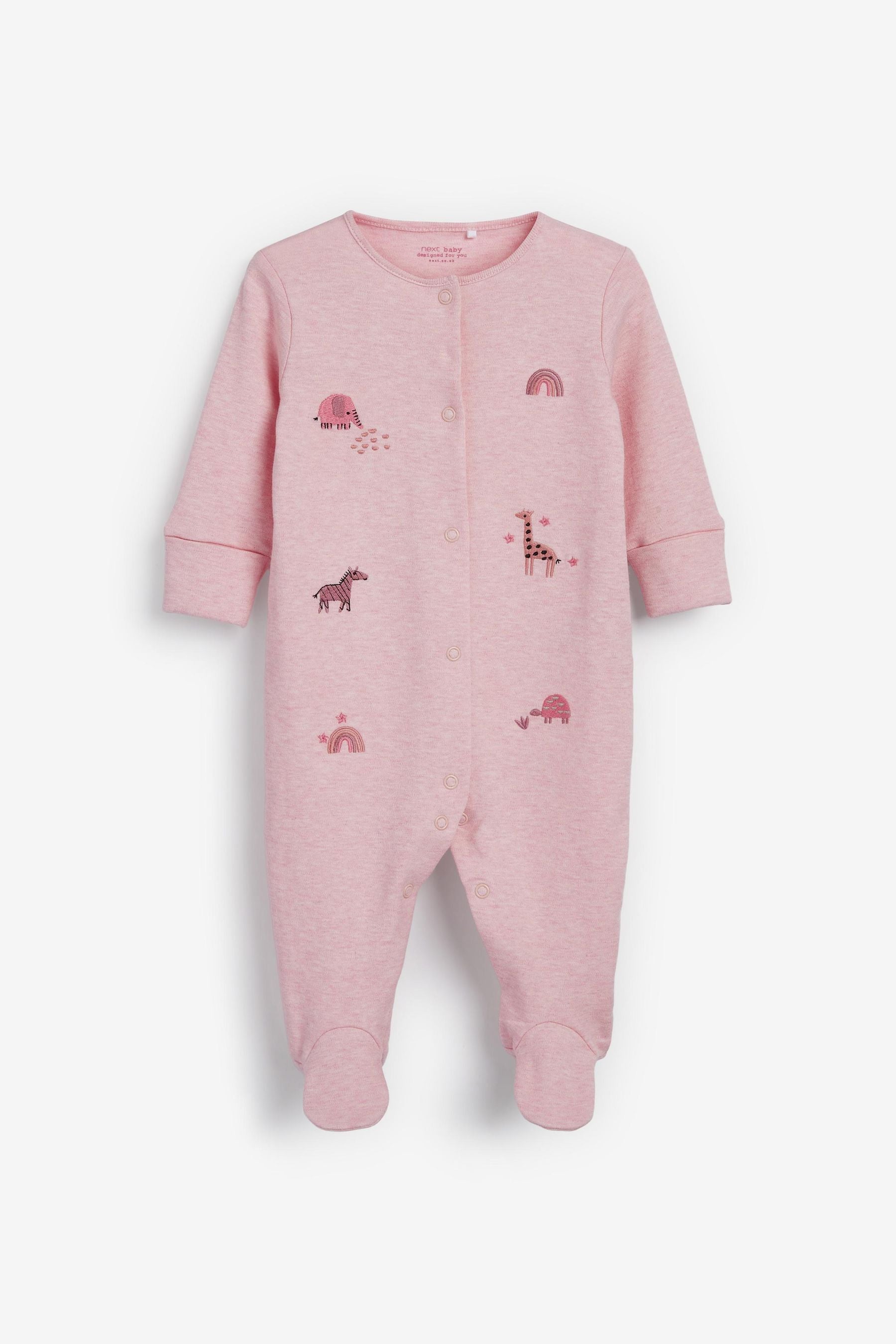 Pink Safari Animals Baby Embroidered Detail Sleepsuits 3 Pack (0-2yrs)