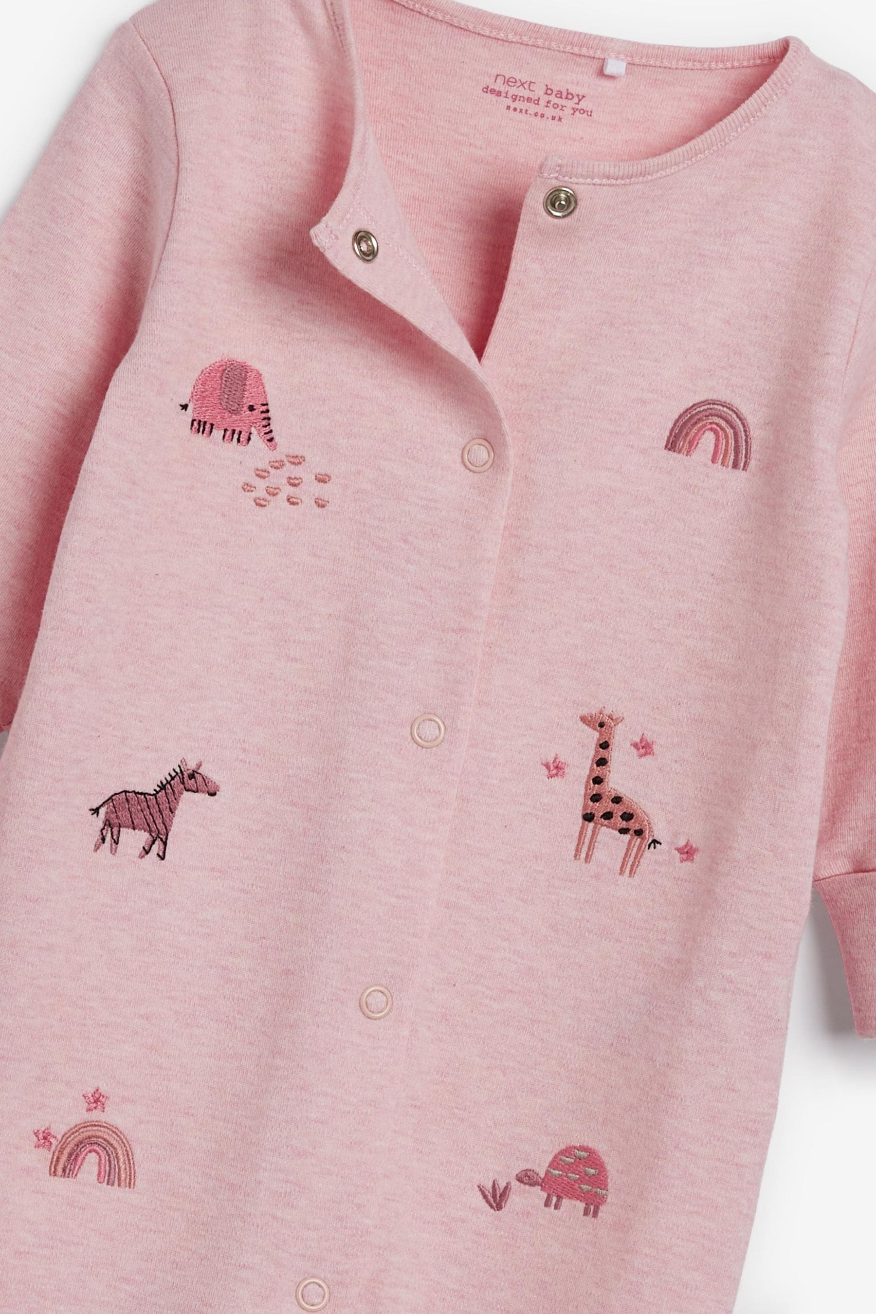 Pink Safari Animals Baby Embroidered Detail Sleepsuits 3 Pack (0-2yrs)