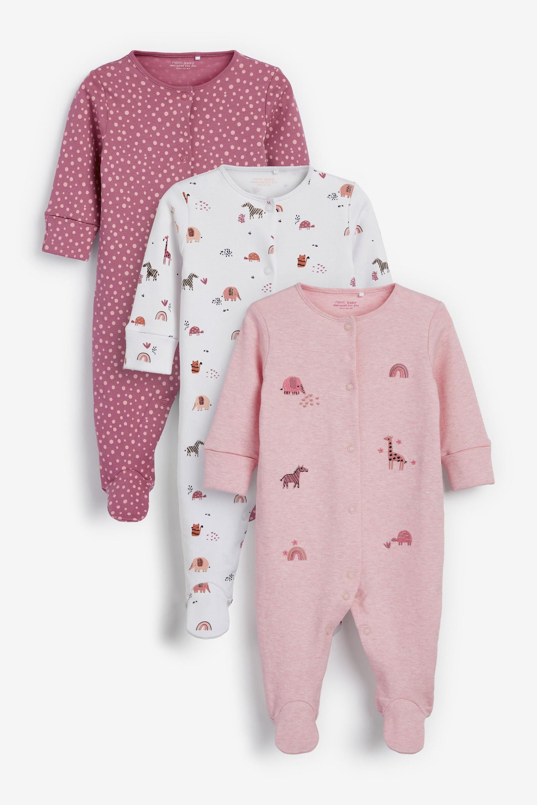 Pink Safari Animals Baby Embroidered Detail Sleepsuits 3 Pack (0-2yrs)