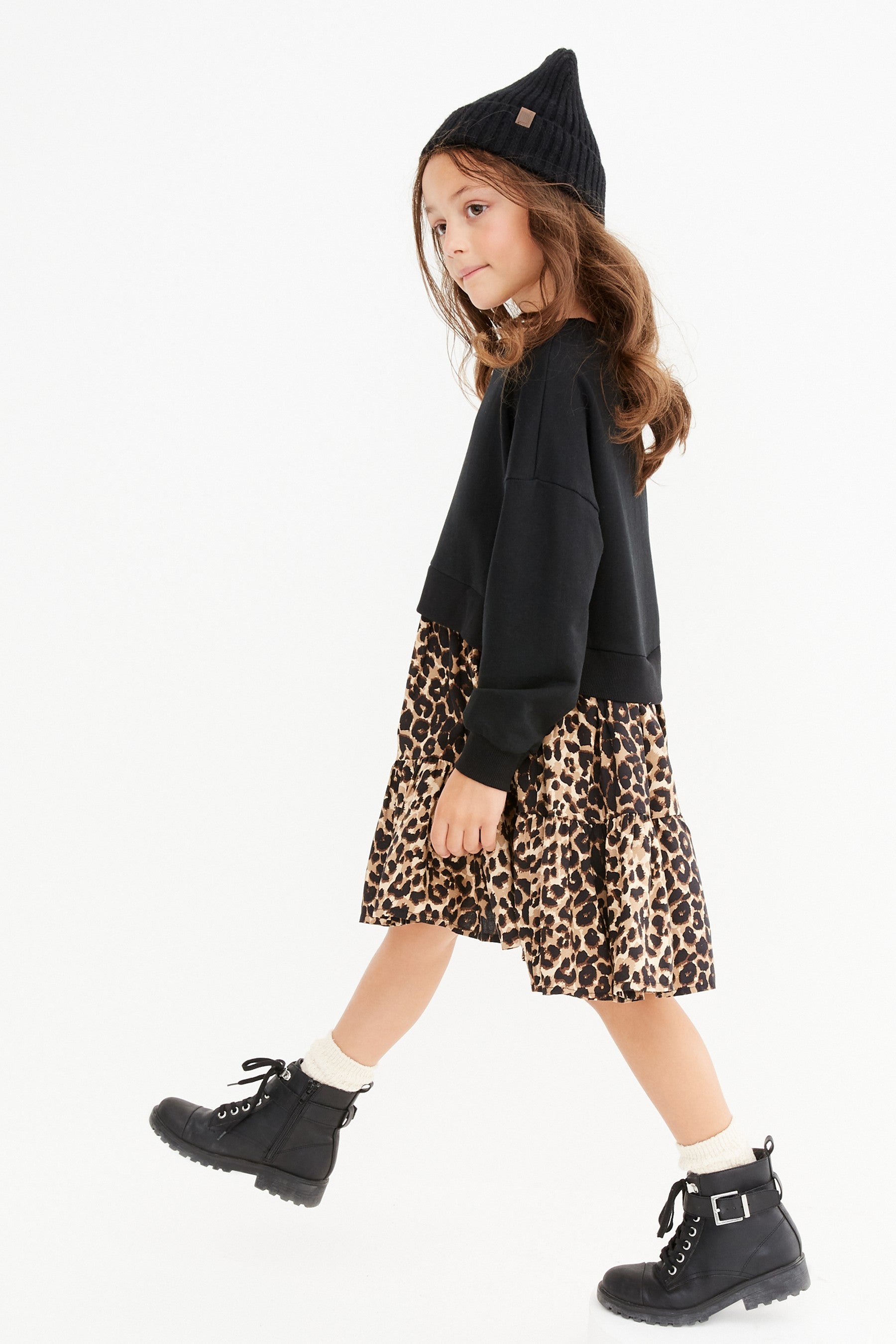 Black Animal Print Long Sleeve Dress Set (3-12yrs)