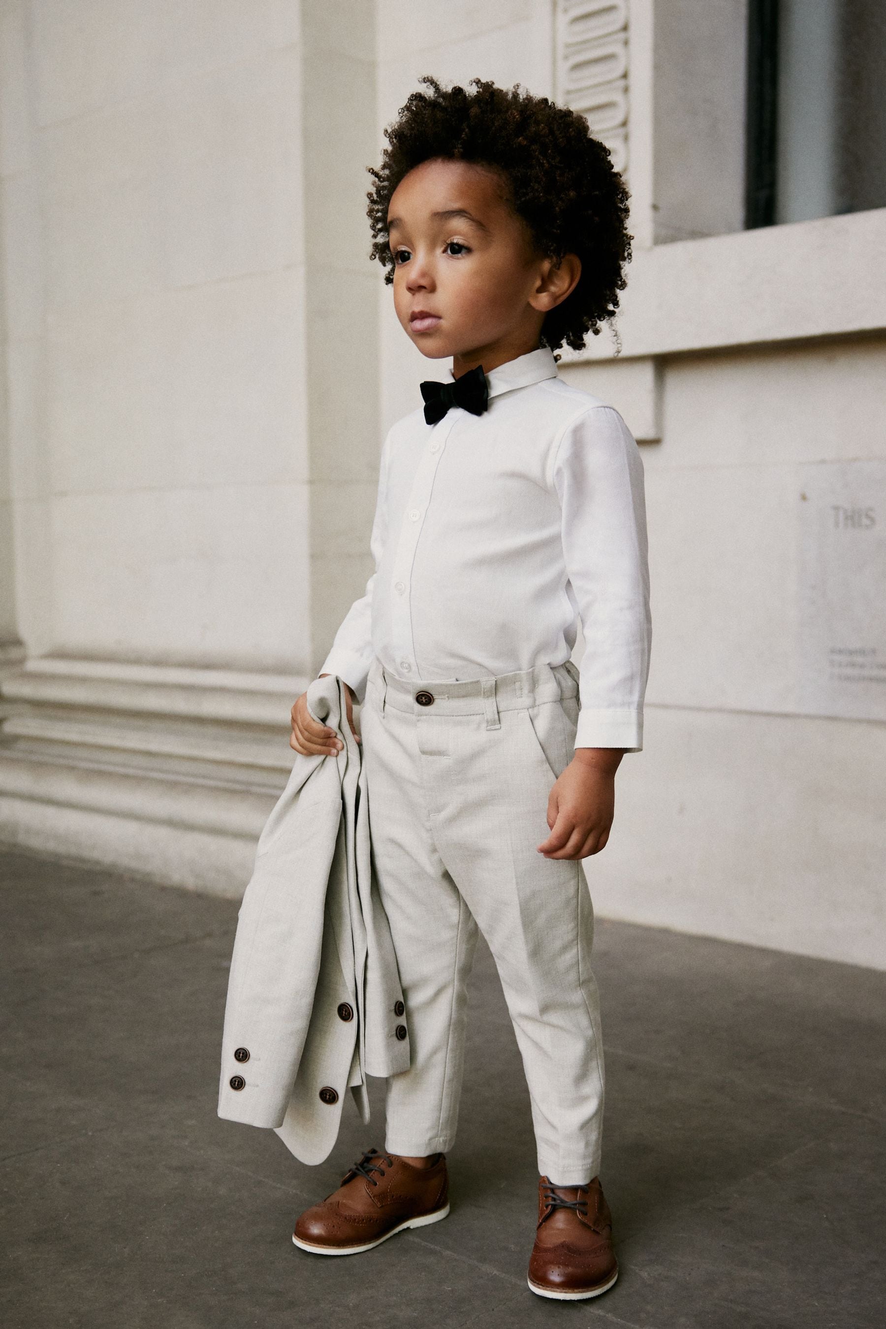 Neutral Blazer Shirt Trousers And Bow Tie Set With Linen (3mths-9yrs)