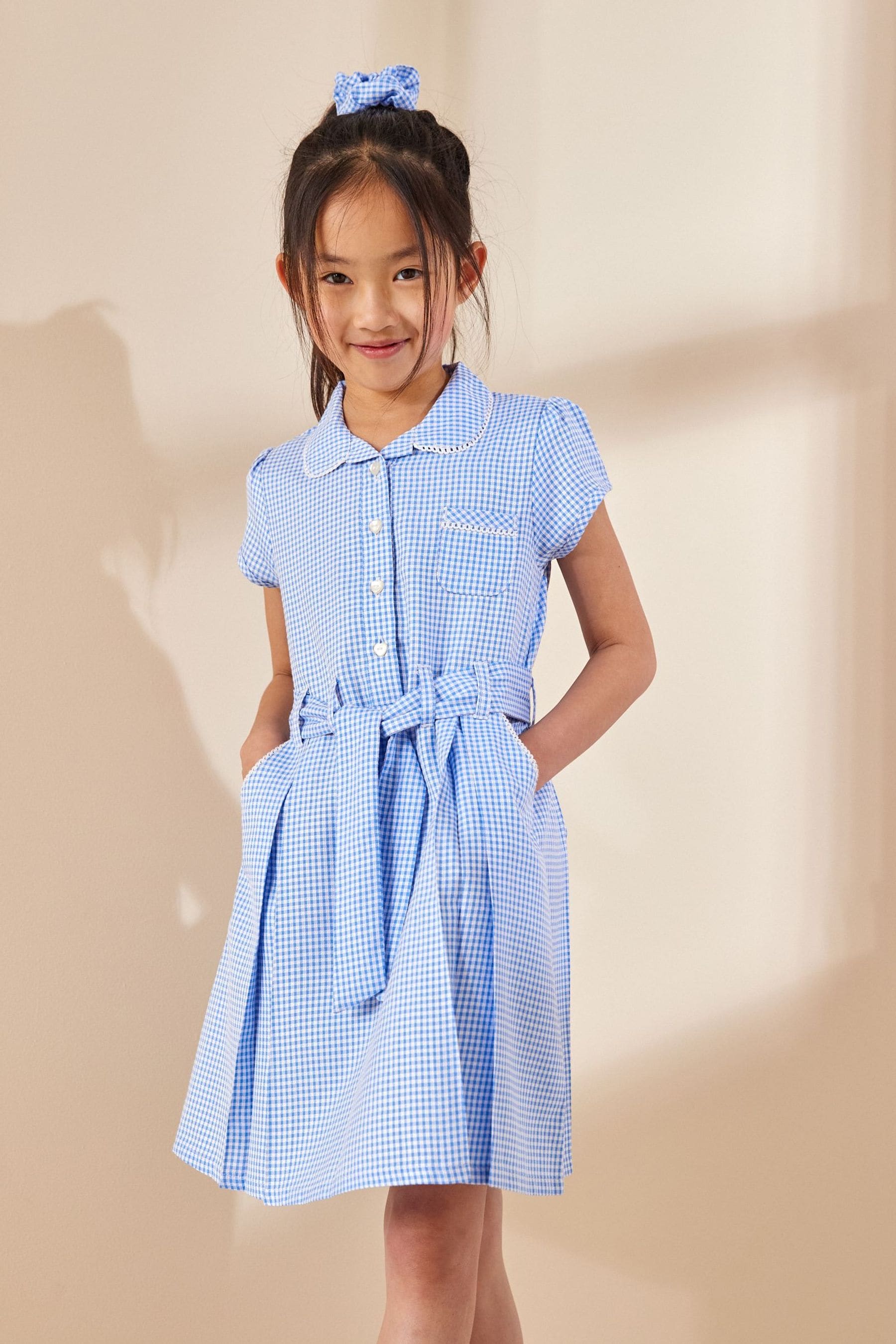 Blue Gingham Cotton Rich Belted School Dress With Scrunchie (3-14yrs)